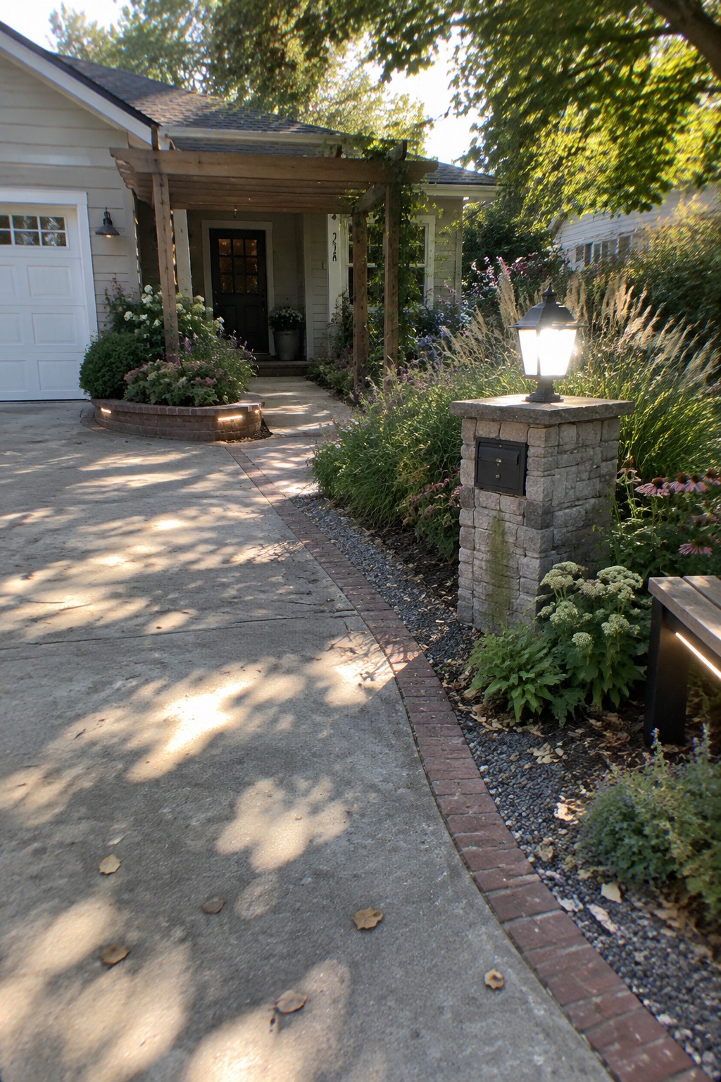 House with pergola, stone lantern pillar, brick path, garden, and sunny driveway.