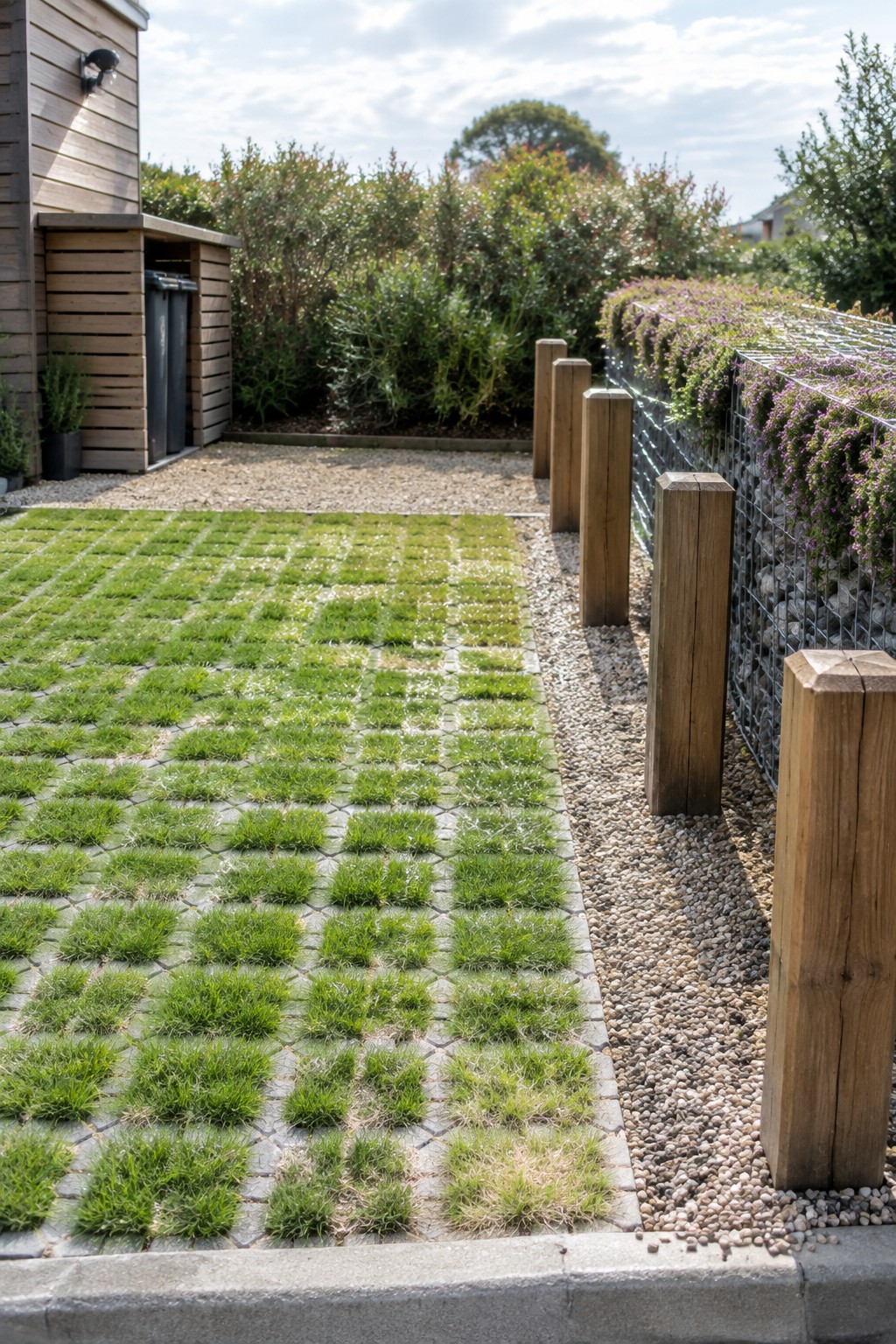 Grass grid pavers beside gravel path, wooden posts, and flowering gabion wall