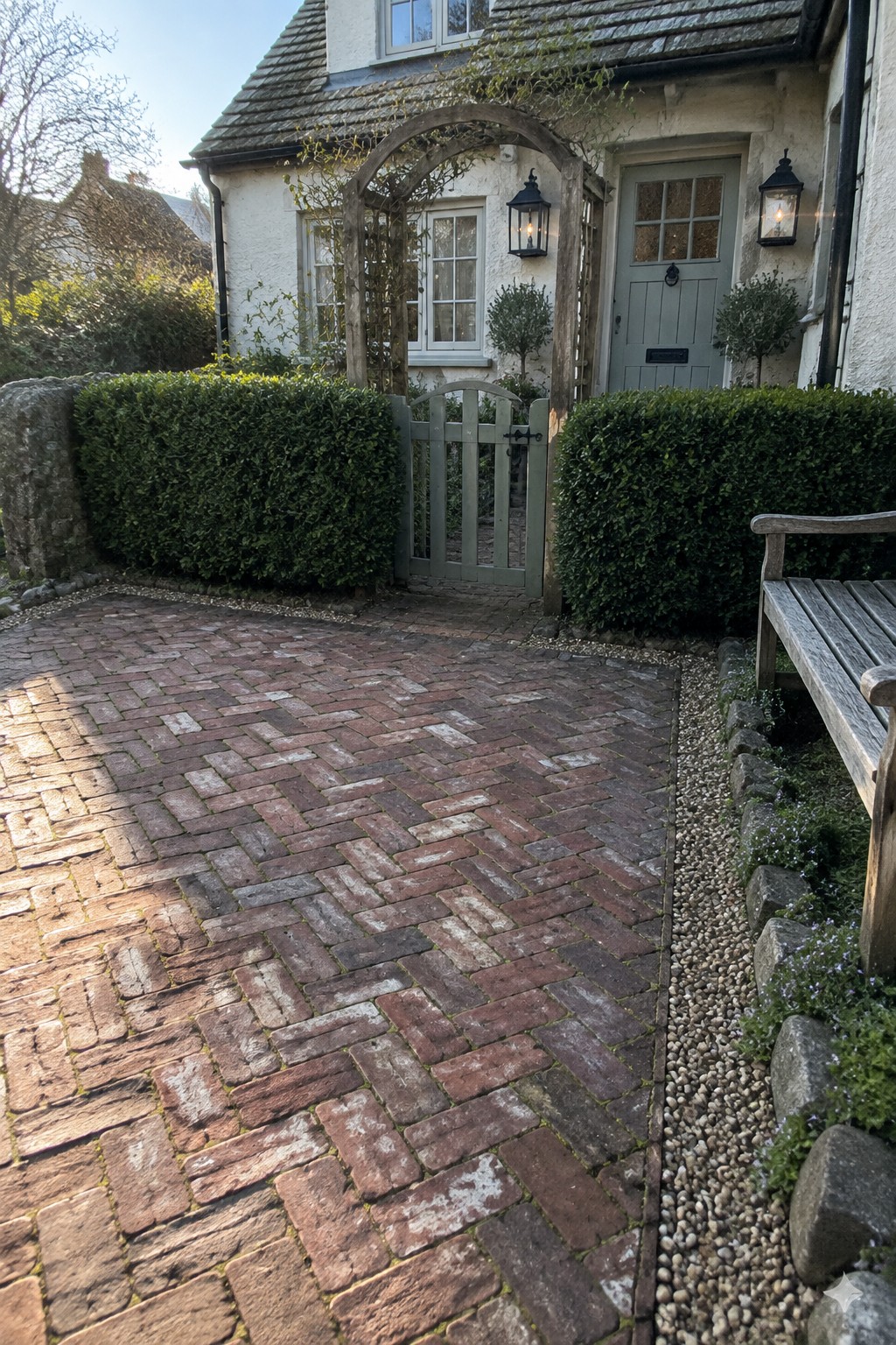 A herringbone red brick driveway leads to a light green wooden gate in front of a white house with a gray door and side lanterns.