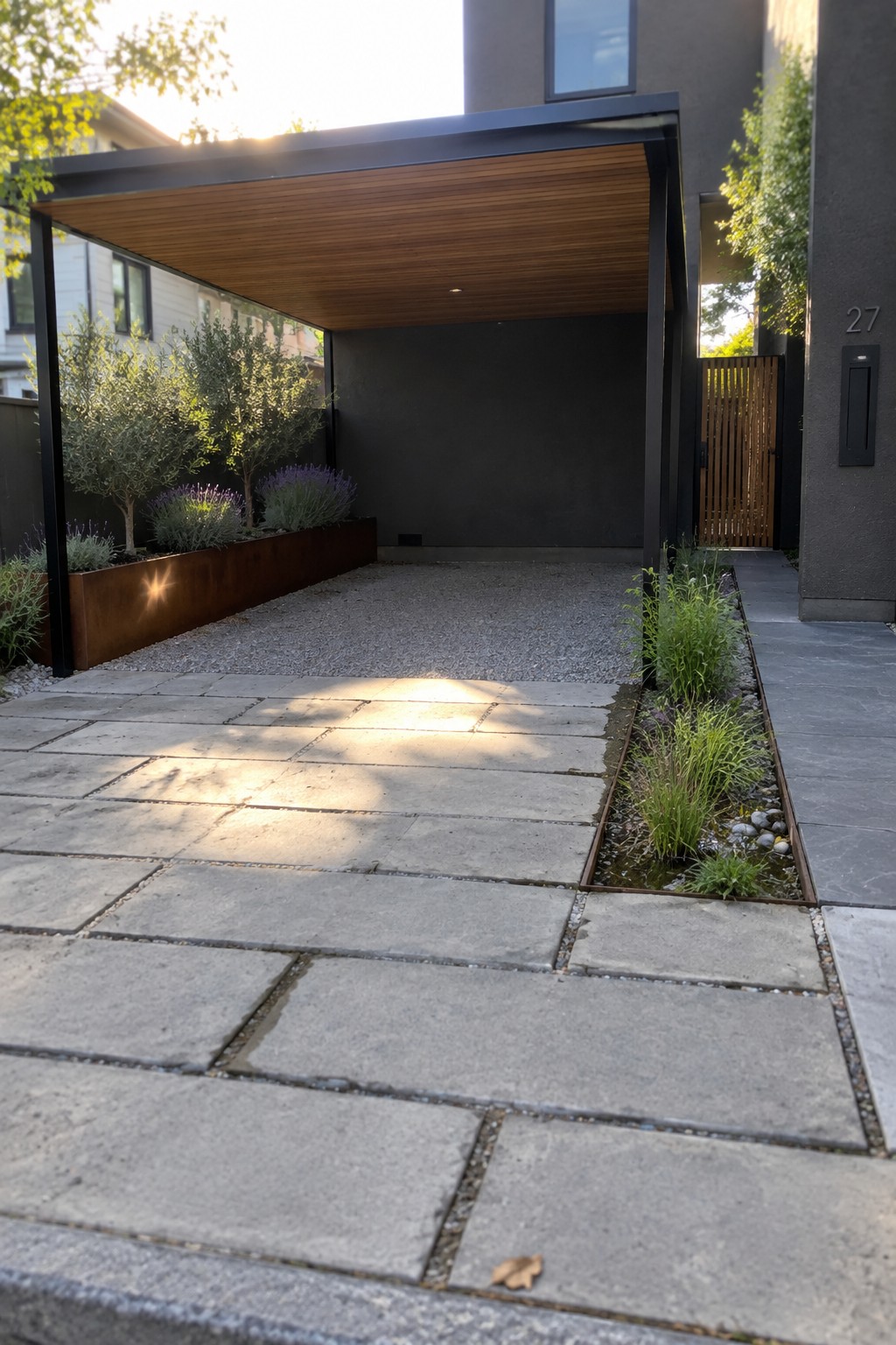 Modern patio with stone pavers, gravel courtyard, wooden ceiling structure, and metal planters