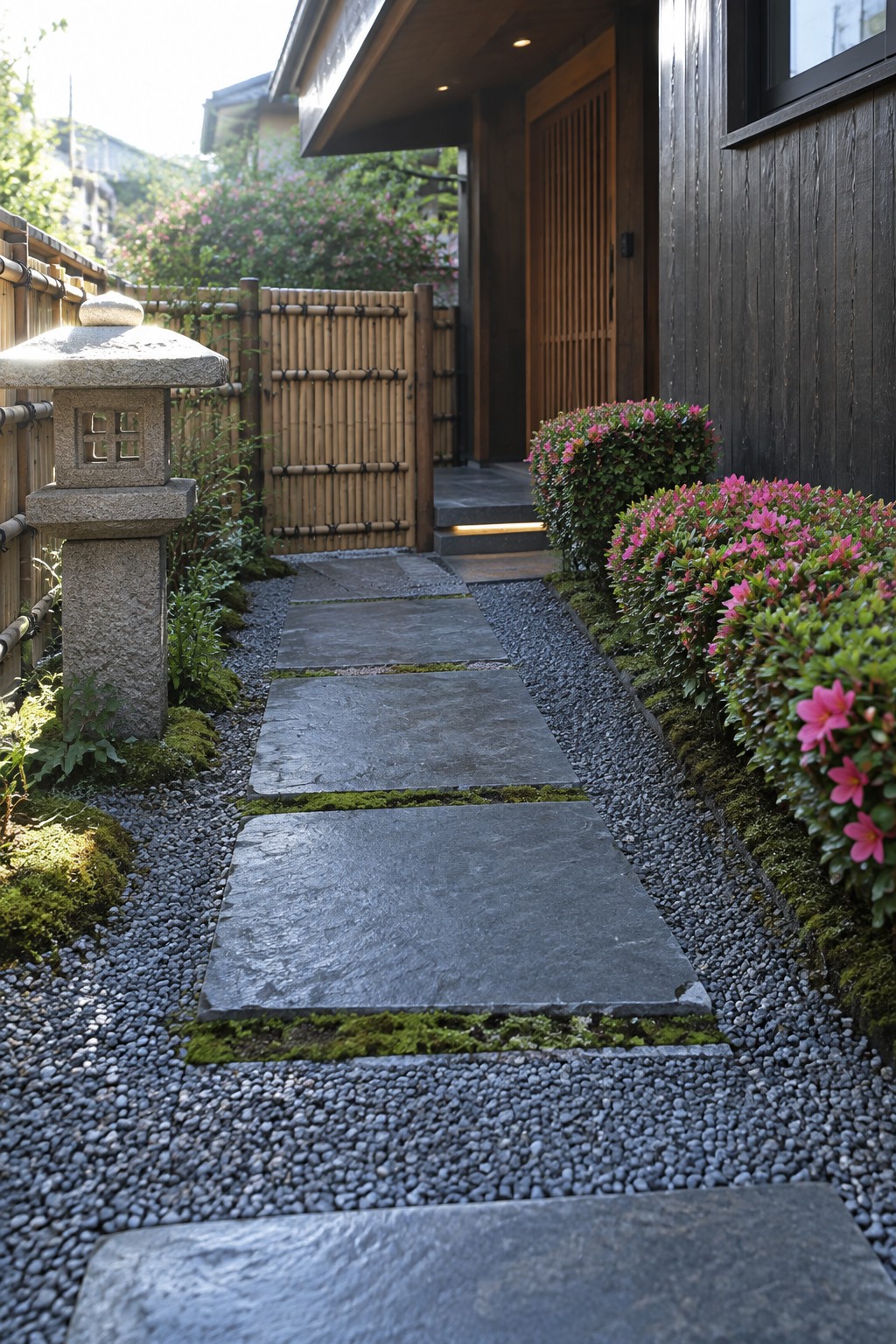 A narrow path of large stone pavers set in gravel with moss between them leads past pink flowering shrubs and a bamboo fence to a wooden door.