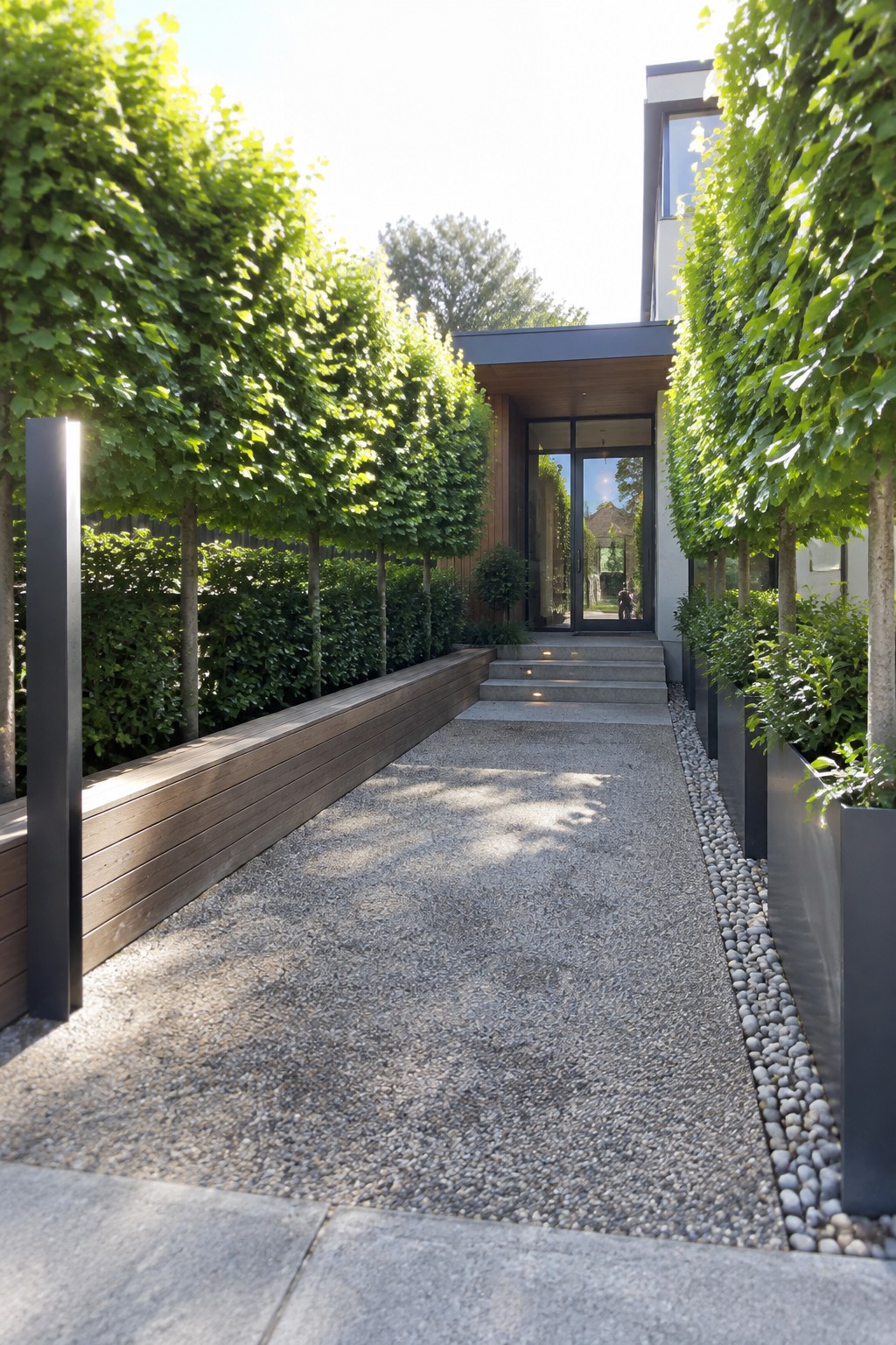 A gravel driveway path bordered by tall trees in dark rectangular planters leads to the entrance of a modern house with wooden steps and glass doors.