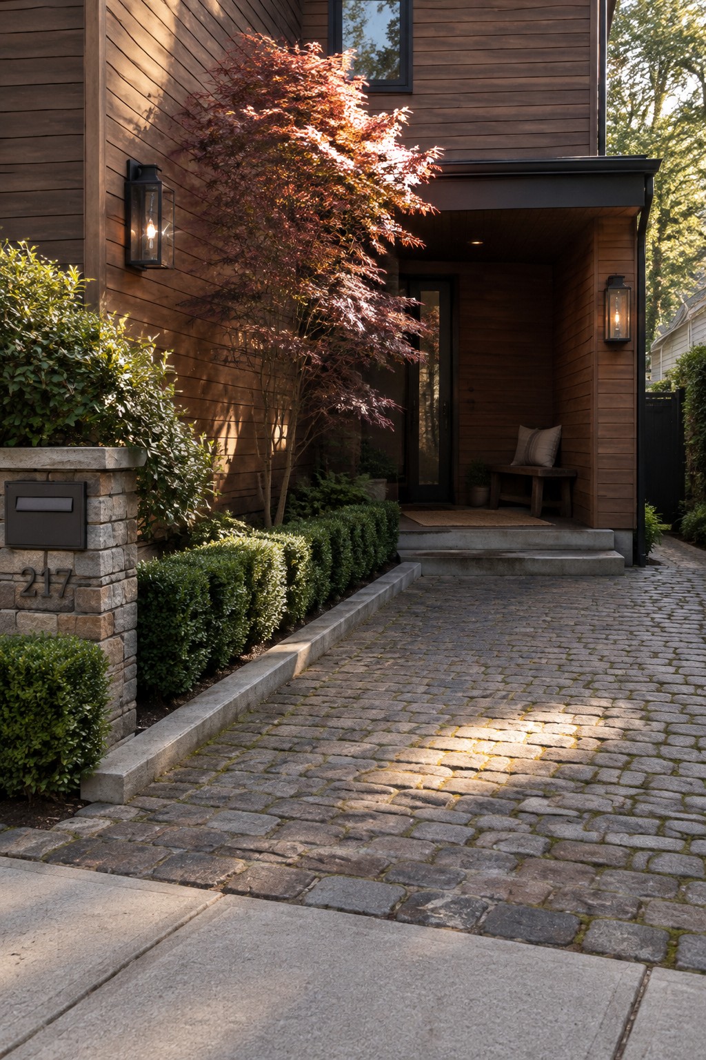 A narrow cobblestone driveway leads past low green hedges to a modern wood-clad house with a covered entry porch, a stone mailbox pillar marked 217 on the left, and a small red-leafed tree near the front door.