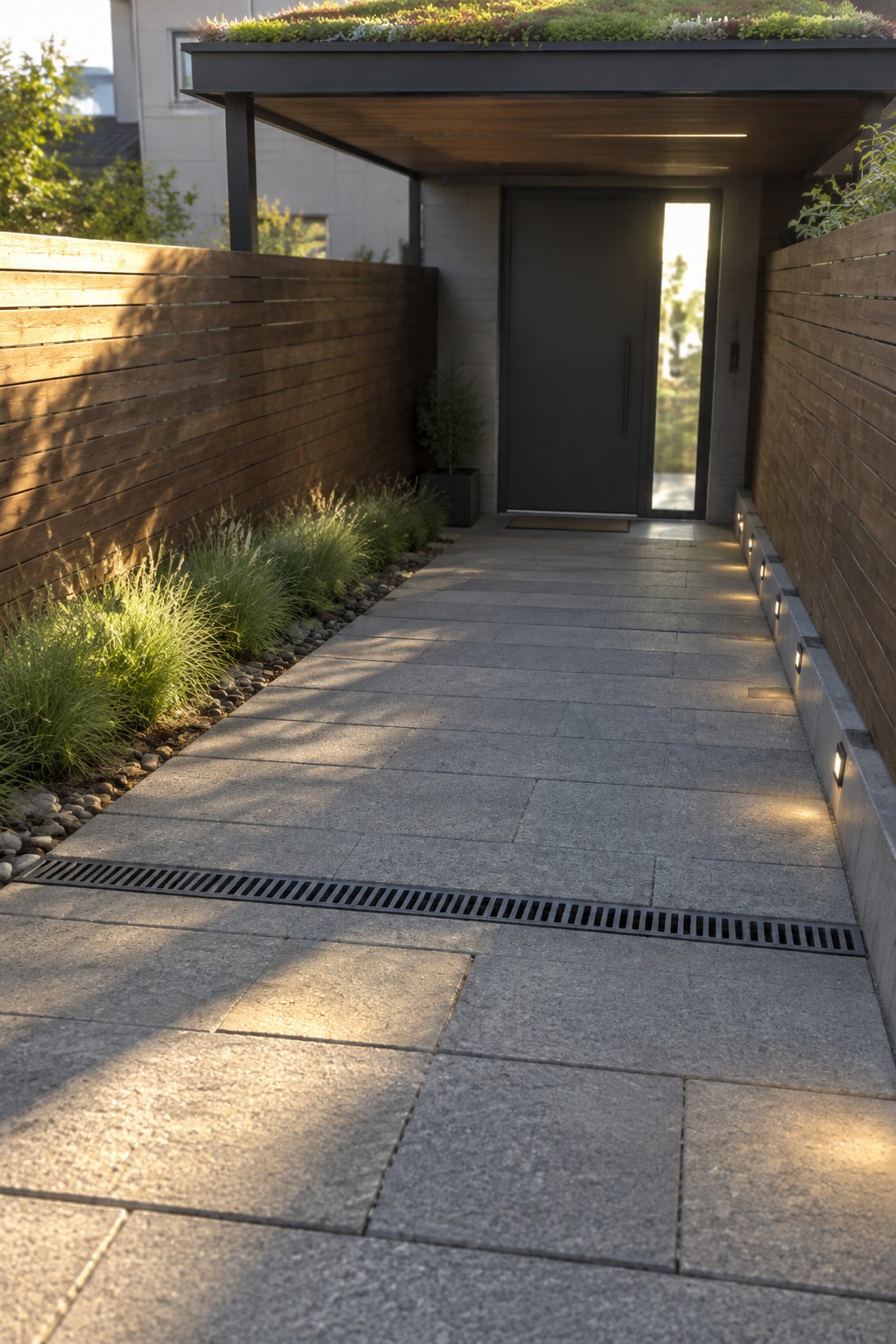 Modern stone walkway to black door under green-roofed overhang with wooden walls and lights