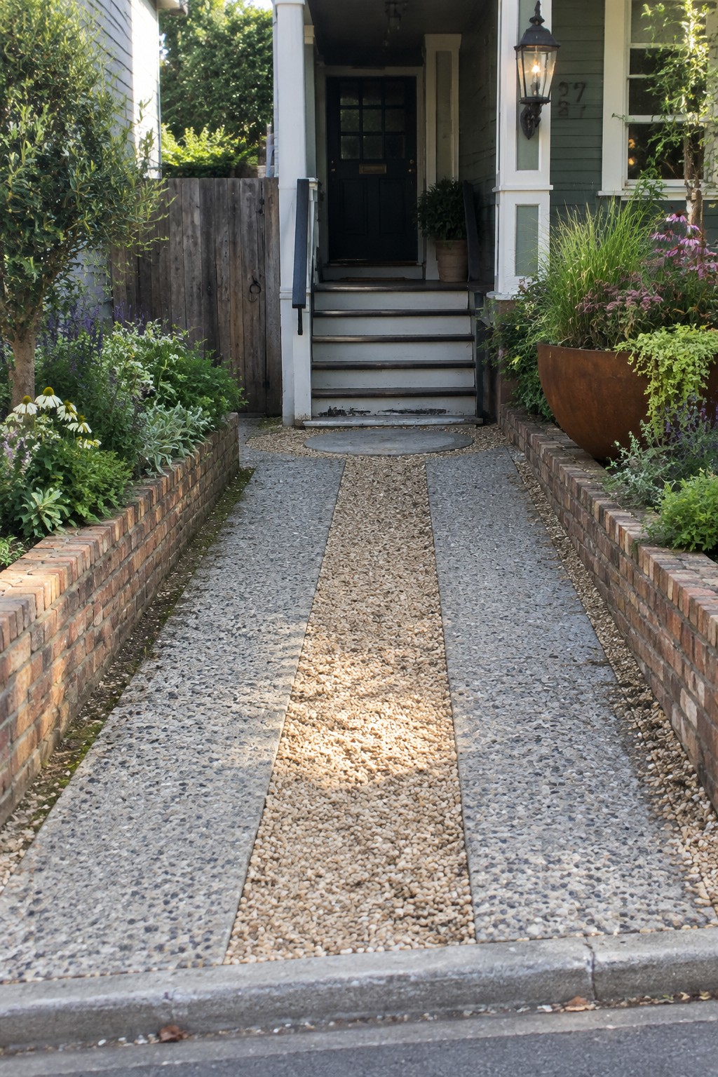 Stone and gravel path between brick borders leads to steps of house with black door.