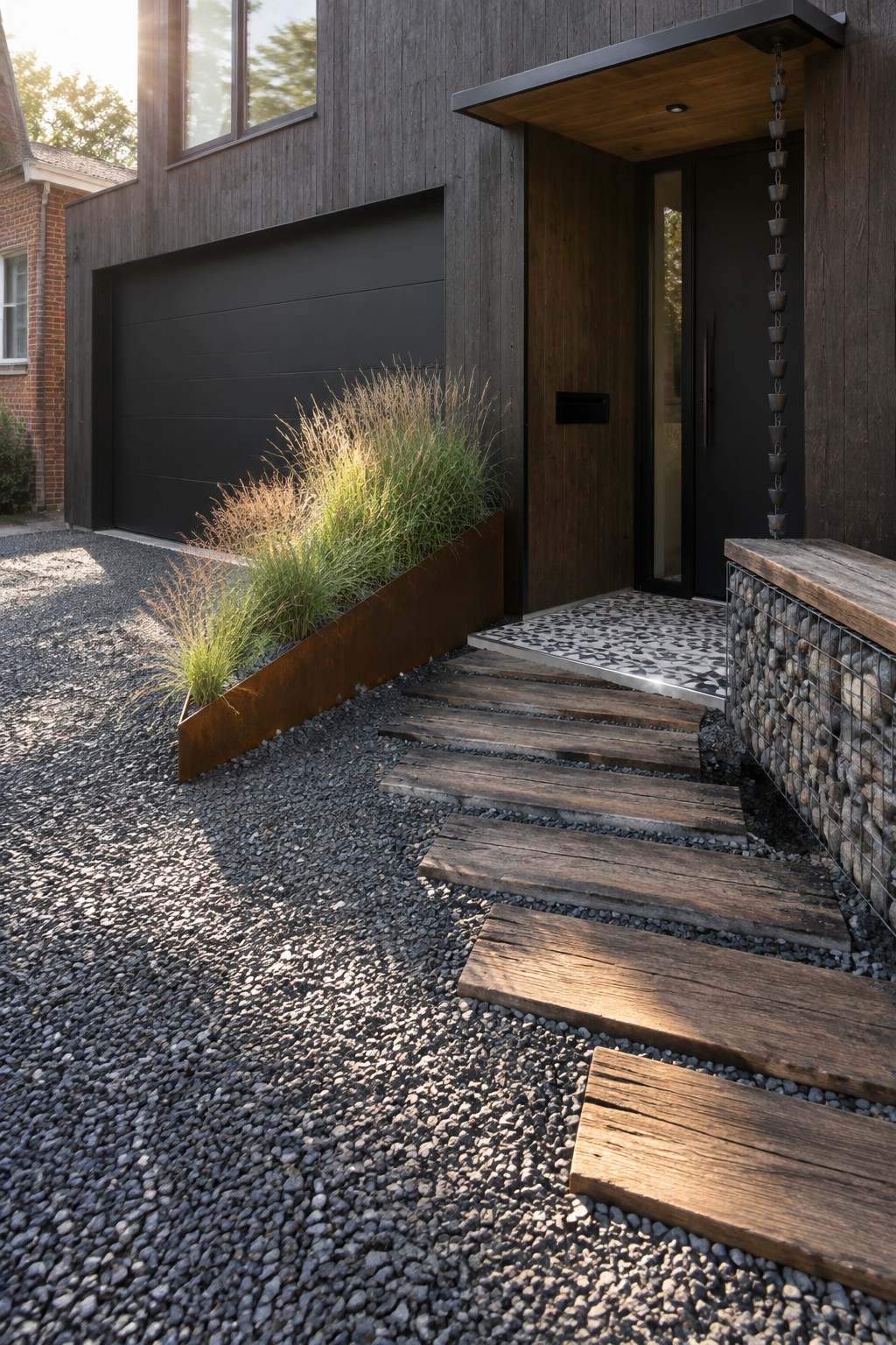 A modern dark wood house with black garage and front door shows a gravel area with wooden plank steps leading to the entrance, a rusted steel planter holding tall grasses on the left, and a gabion wall on the right.