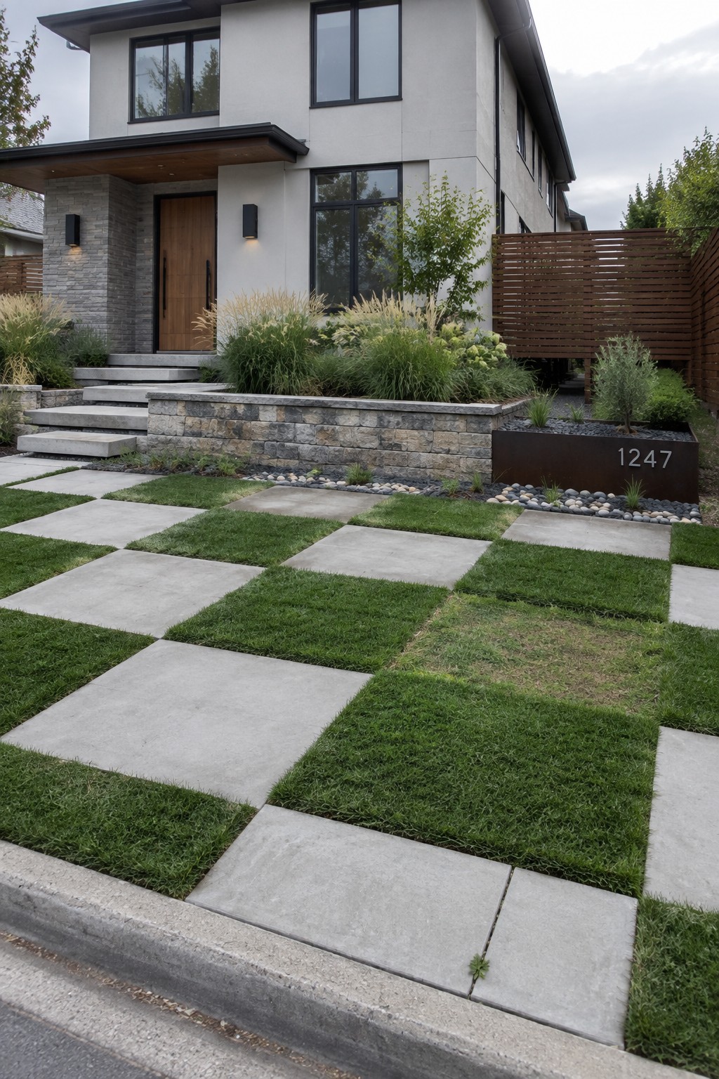 A modern two-story house with a driveway composed of alternating large concrete pavers and rectangular grass sections leading to the front entrance.