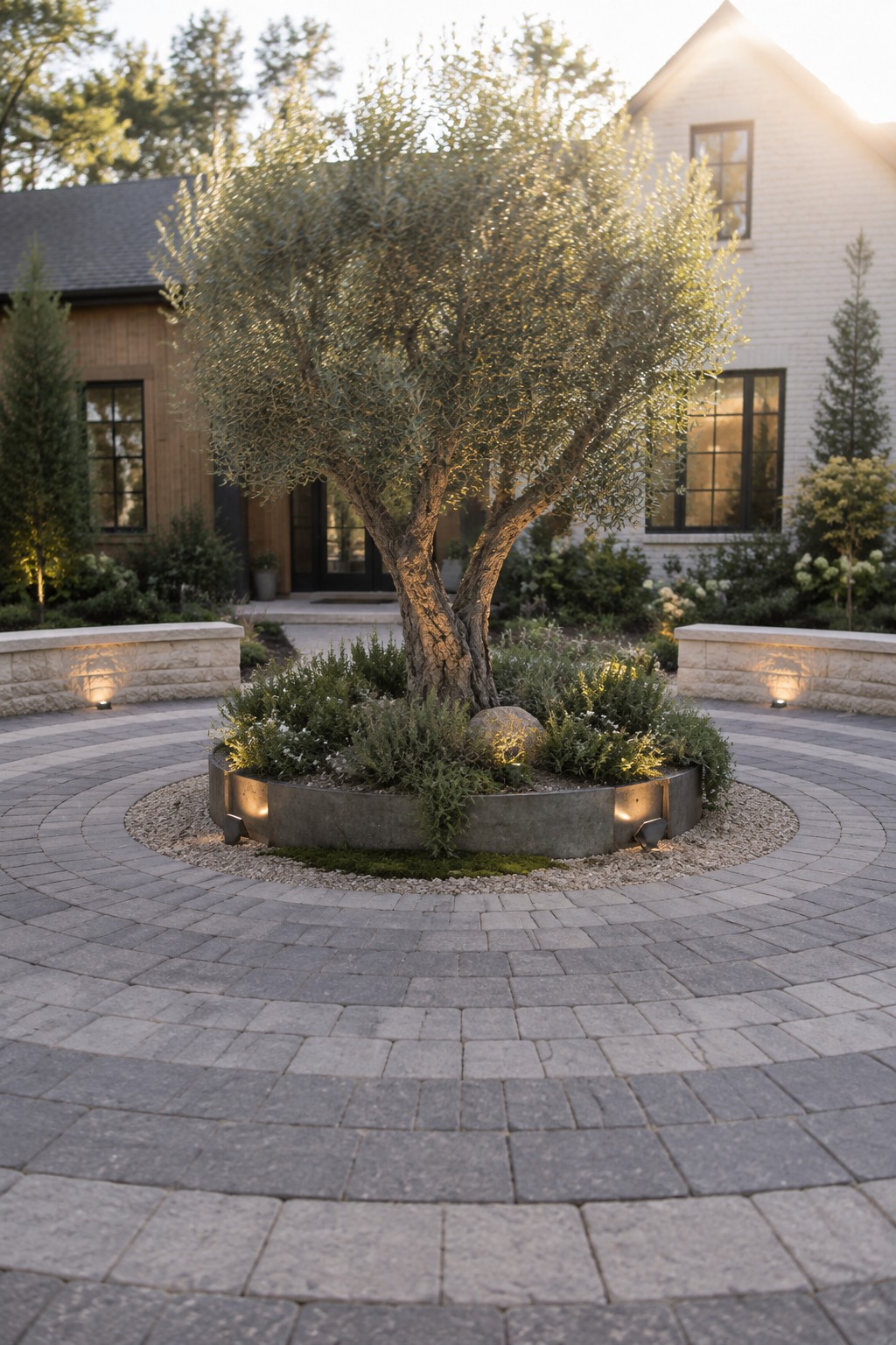 A circular gray paver driveway surrounds a central raised concrete planter holding an olive tree, set in front of a modern house with stone benches and landscape lighting.