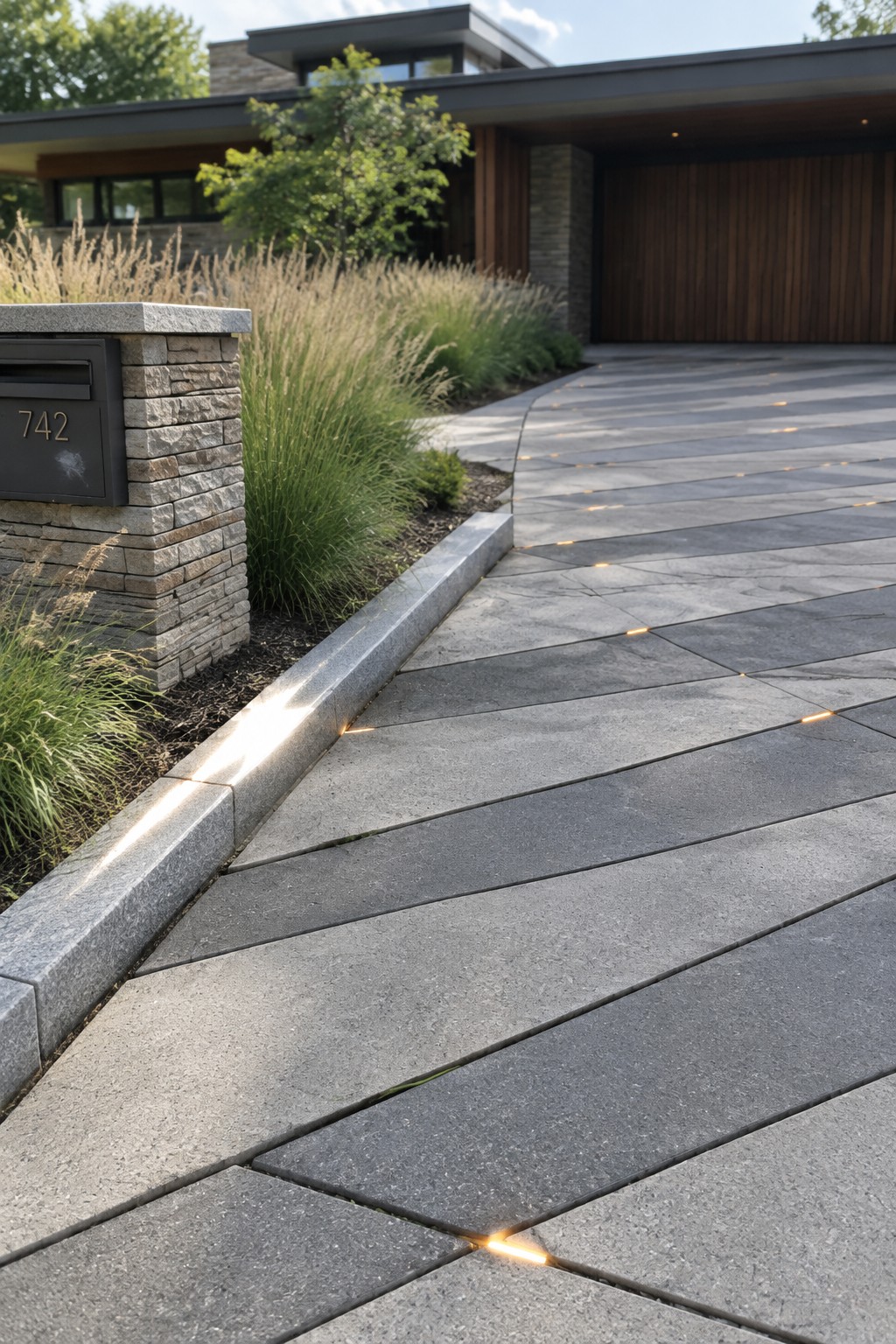 Modern driveway paved with large rectangular gray stone pavers featuring thin linear lights glowing in the joints and along the border, beside a stone mailbox pillar and ornamental grasses.