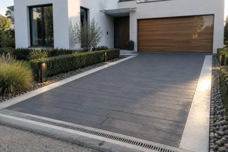 A modern white house with a long gray rectangular paver driveway bordered by gravel beds and low hedges, leading to a wooden garage door.