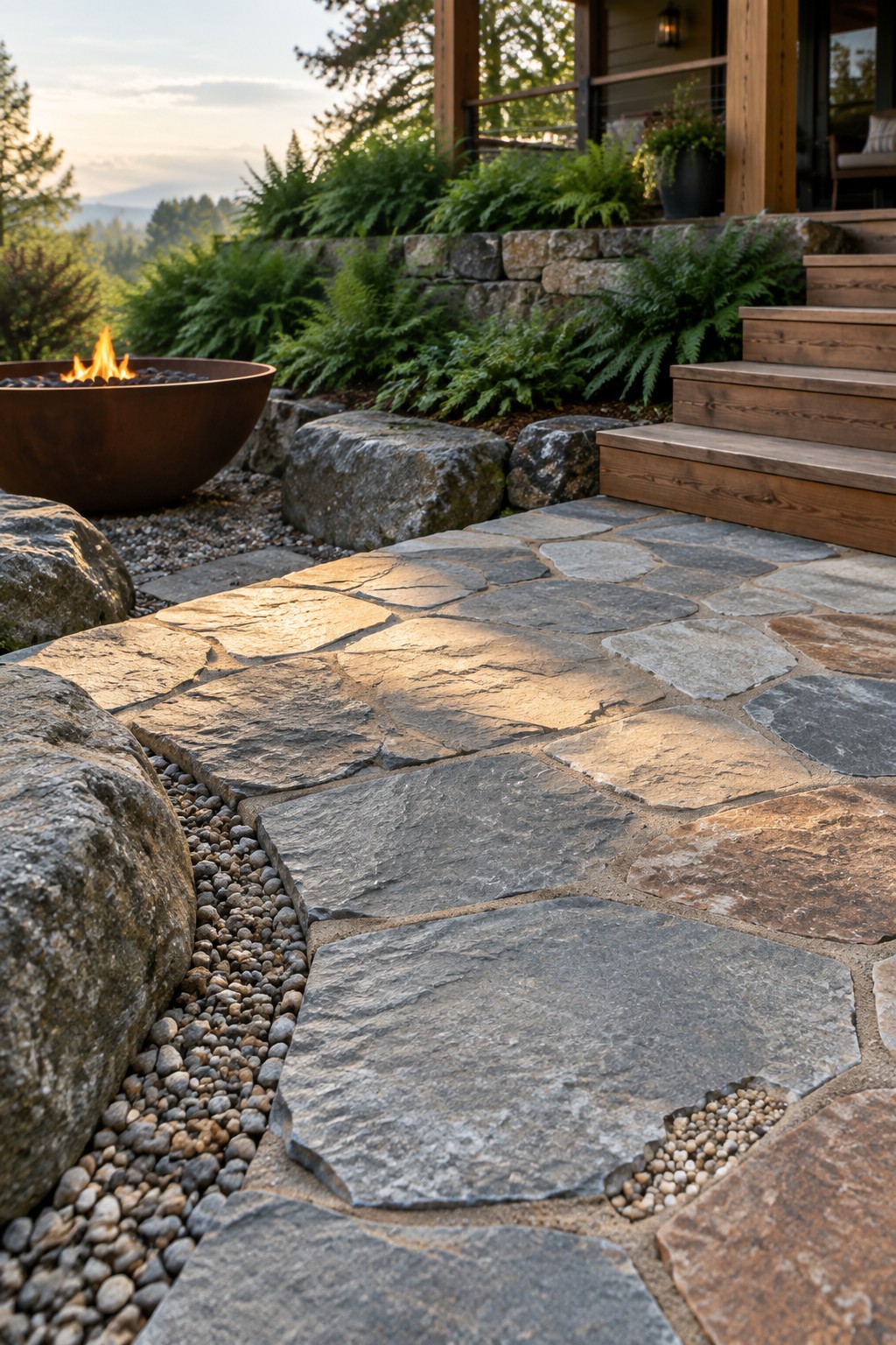 Sunlit flagstone path beside fire pit leading to wooden stairs with ferns