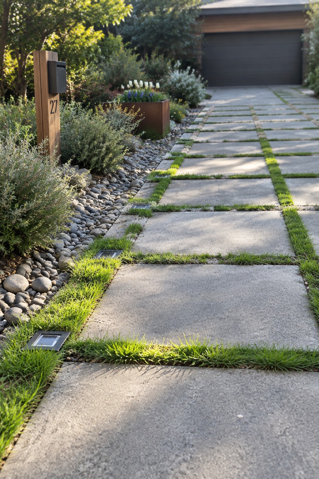 A driveway composed of large rectangular gray pavers with narrow strips of green grass between them, bordered on the left by a bed of river rocks and low shrubs leading toward a garage.