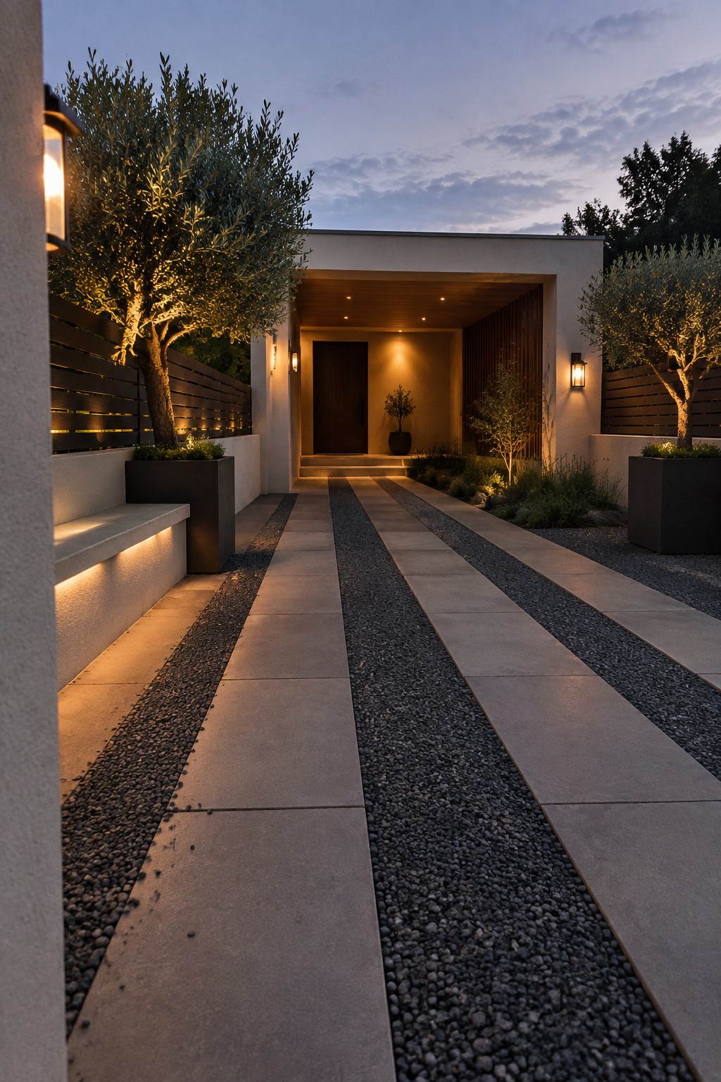 Modern concrete pathway with gravel strips flanked by illuminated olive trees at twilight entrance