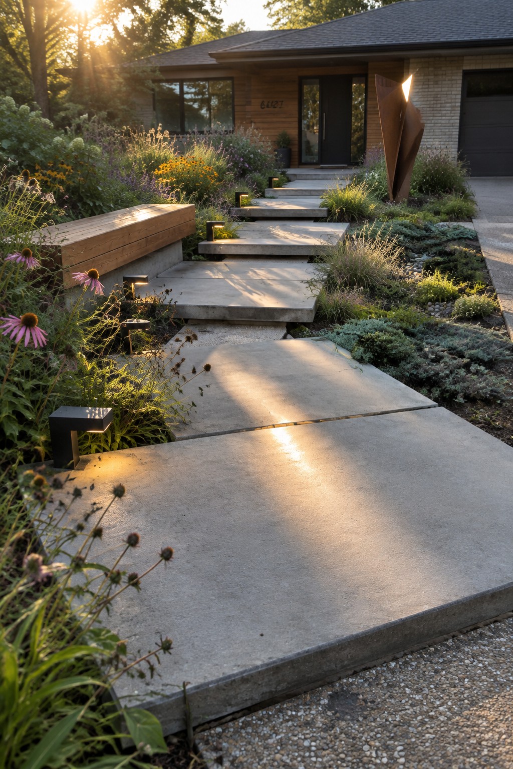 Modern house entrance with concrete steps, garden path, flowers, and sunset lighting.