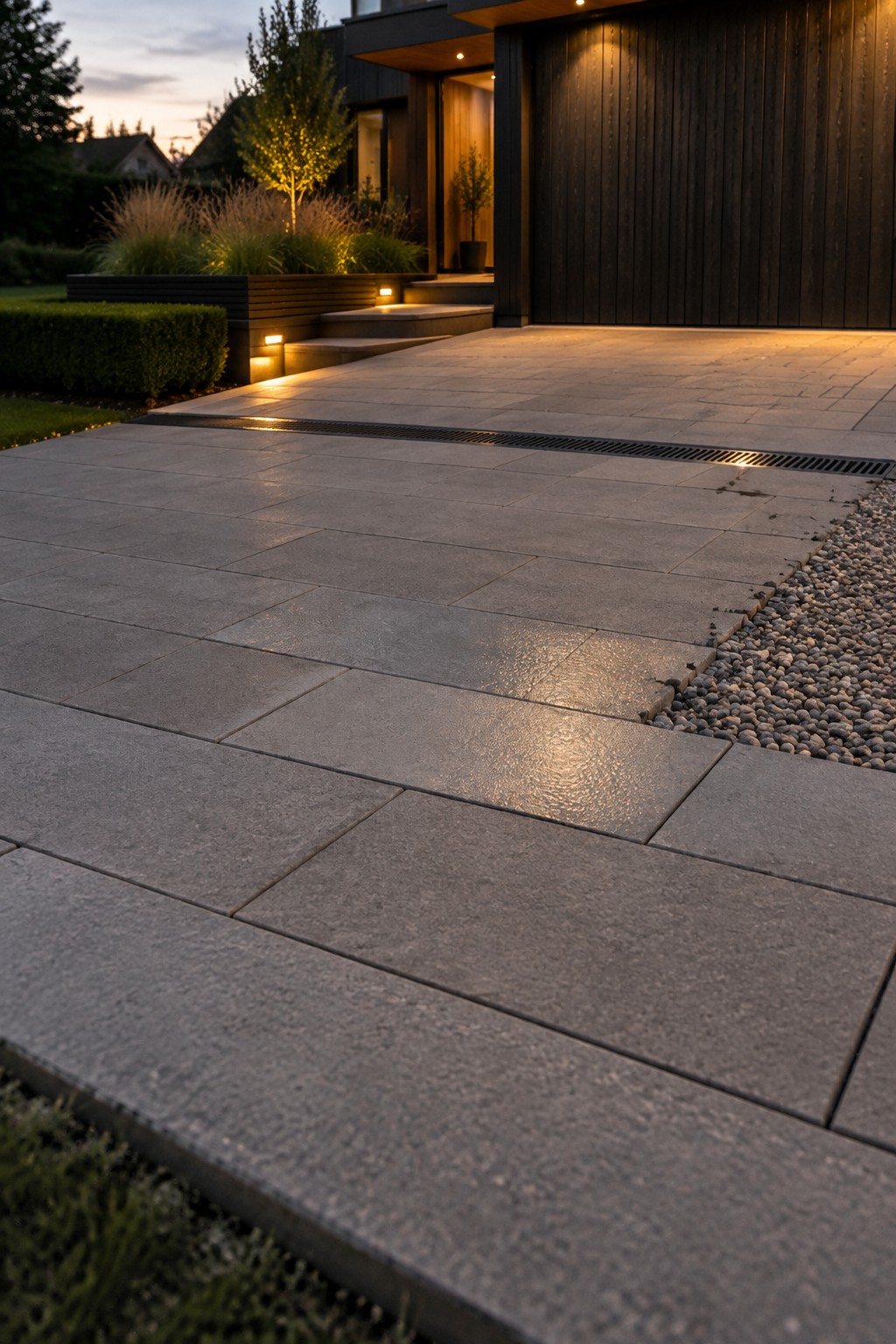 A modern driveway of large gray concrete pavers with a linear drain and gravel border beside a dark wood house at dusk.