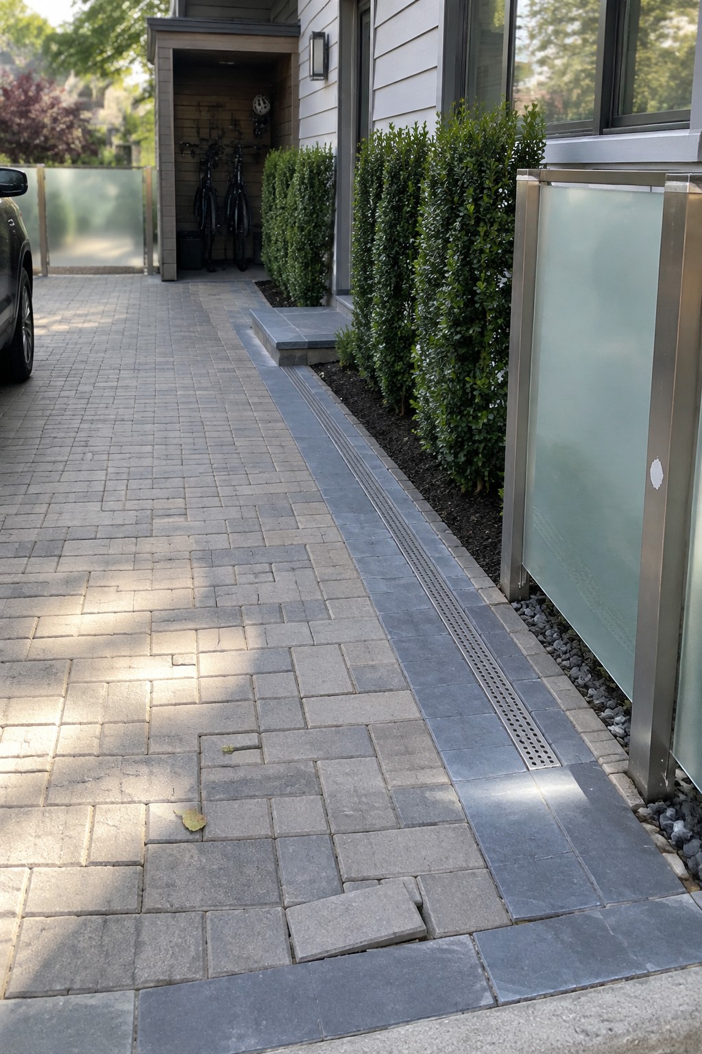 A modern driveway paved with gray concrete pavers includes a linear drain channel running along the side next to shrubs and a house entrance.