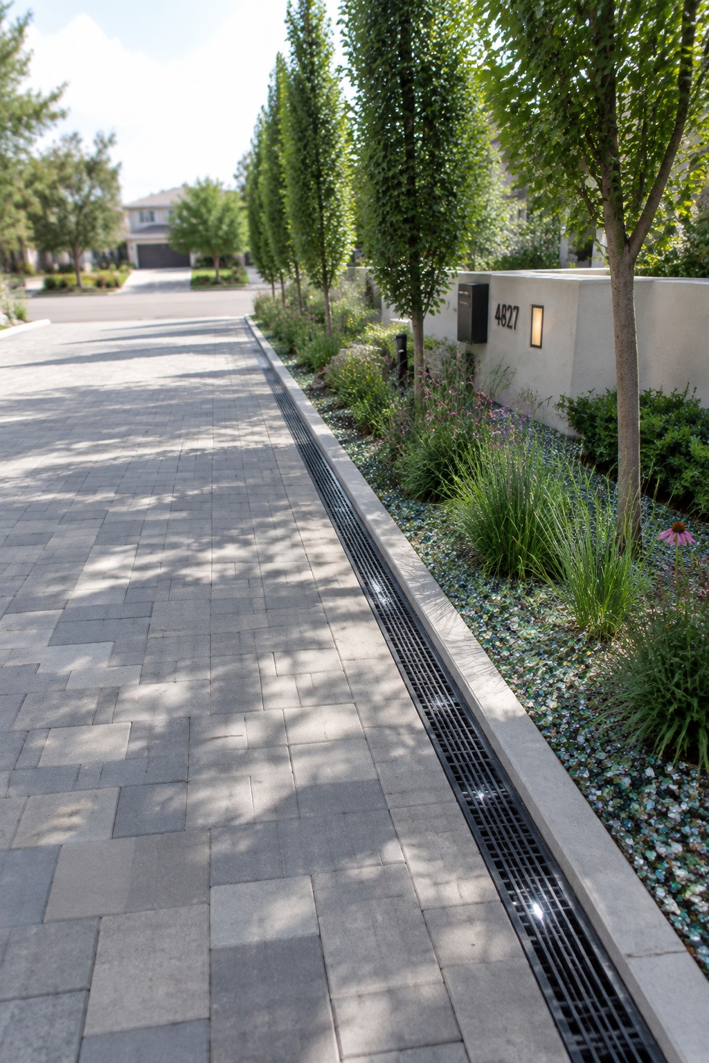 A long gray paver driveway with a black linear drain grate running along the right edge beside a landscaped bed with trees and plants.