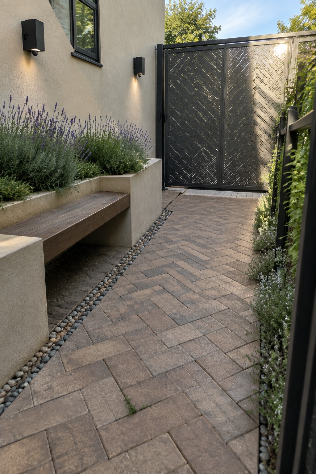 A narrow walkway of brown rectangular pavers runs beside a concrete planter with lavender and a wooden bench, leading toward a black metal gate with a patterned panel.