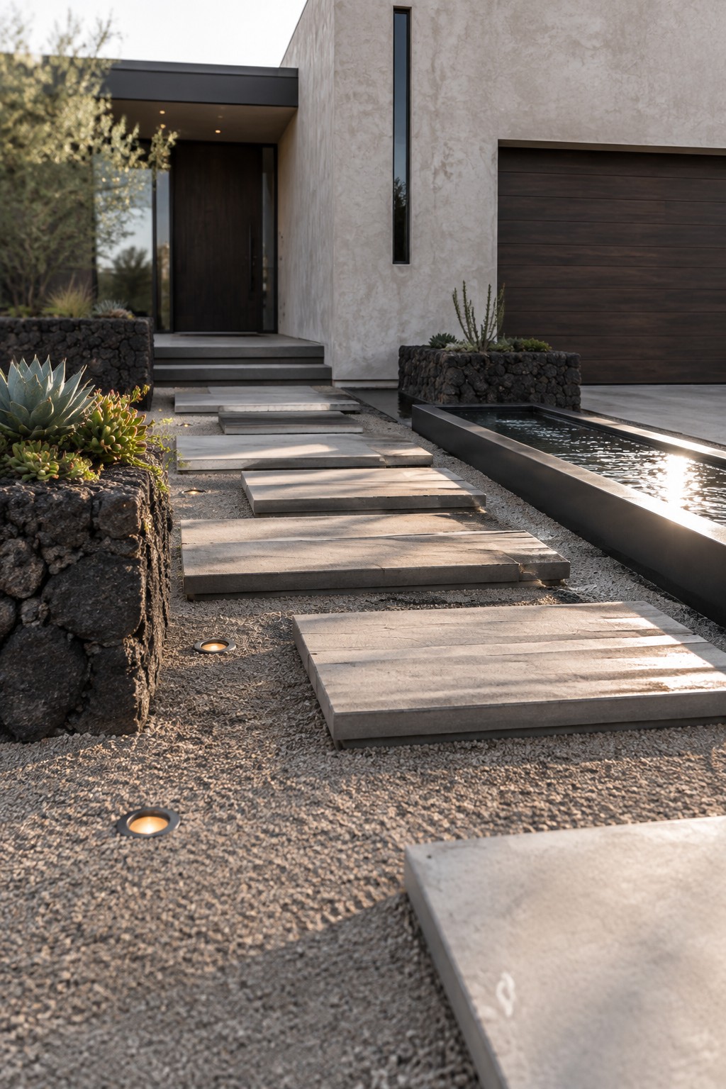 A modern home entrance features large rectangular concrete stepping stones set in gravel, leading past dark stone planters and a linear water feature toward a dark wood door.