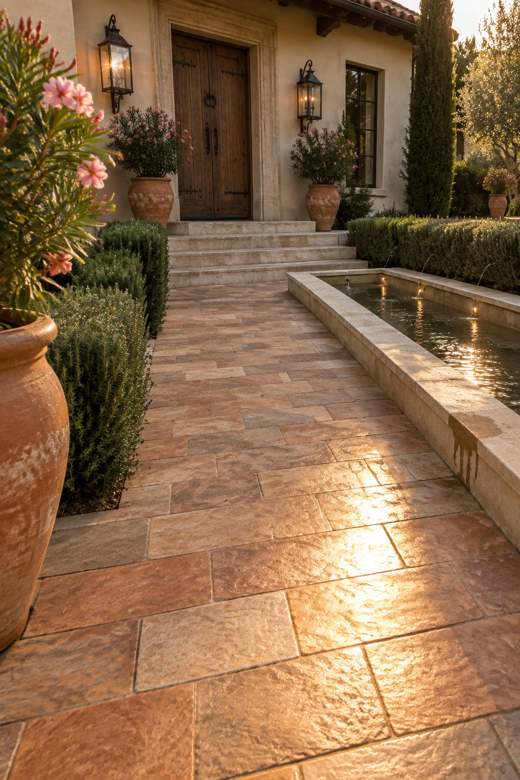A stone paver walkway leads to wooden double doors on a house, with terracotta pots and a long water feature running along the right side.