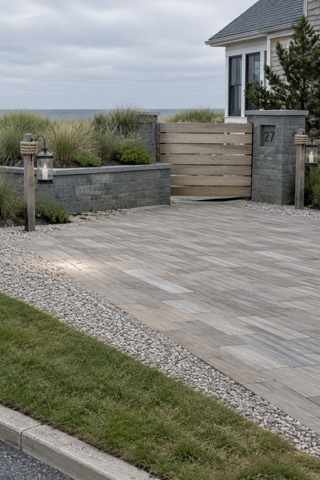 A curved driveway made of gray wood-look pavers leads to a wooden gate set between stone pillars, bordered by gravel and grass with lanterns on wooden posts.