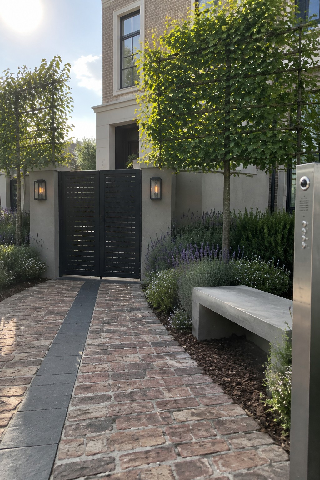 A double black slatted metal gate centered between two stone pillars, with a cobblestone driveway leading to it and landscaping on both sides.
