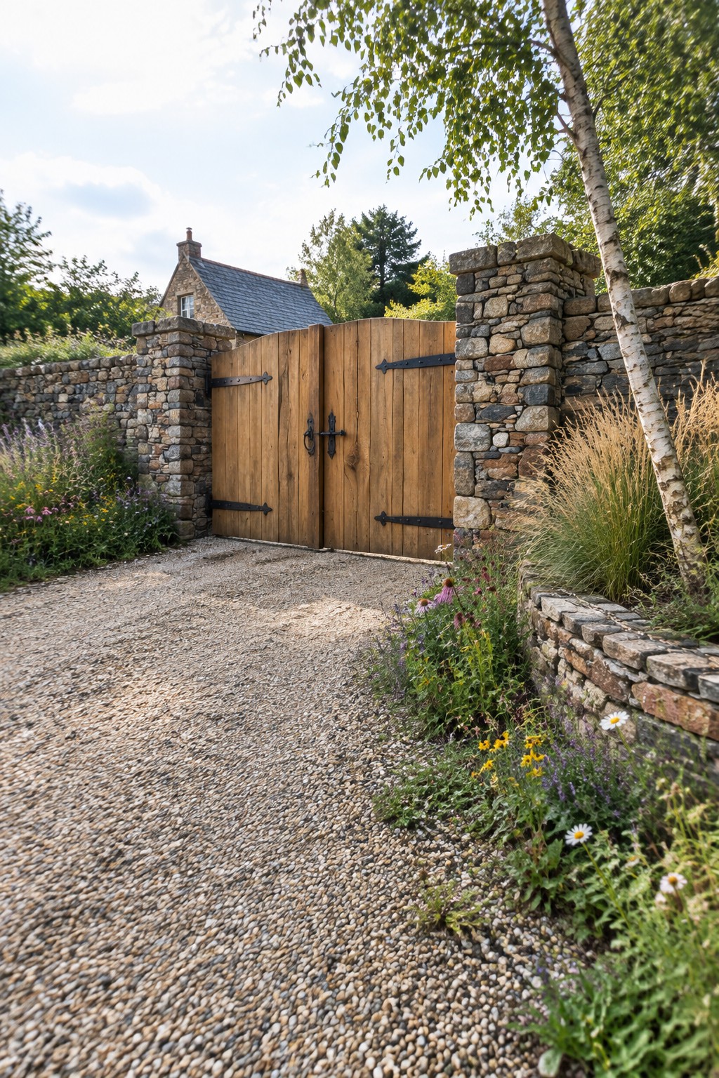 A pair of wooden double driveway gates with black metal hinges stands open between tall stone pillars, leading to a gravel path with a stone house and trees in the background.