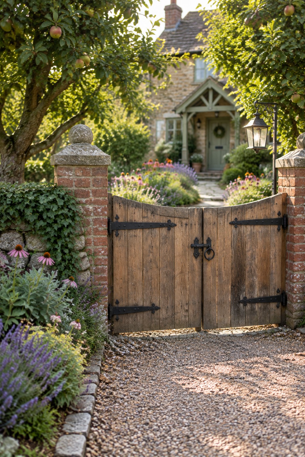 Open wooden gate between brick pillars on gravel path to flower-filled cottage garden