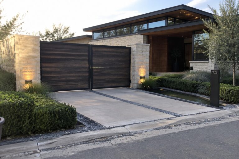 Modern home with dark wooden gate, illuminated stone pillars, and reflecting water feature at dusk.