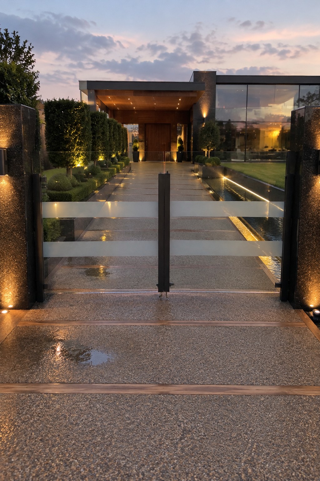 A modern double driveway gate with horizontal frosted panels stands between dark stone pillars at the entrance of a contemporary house with a paved path and water feature.