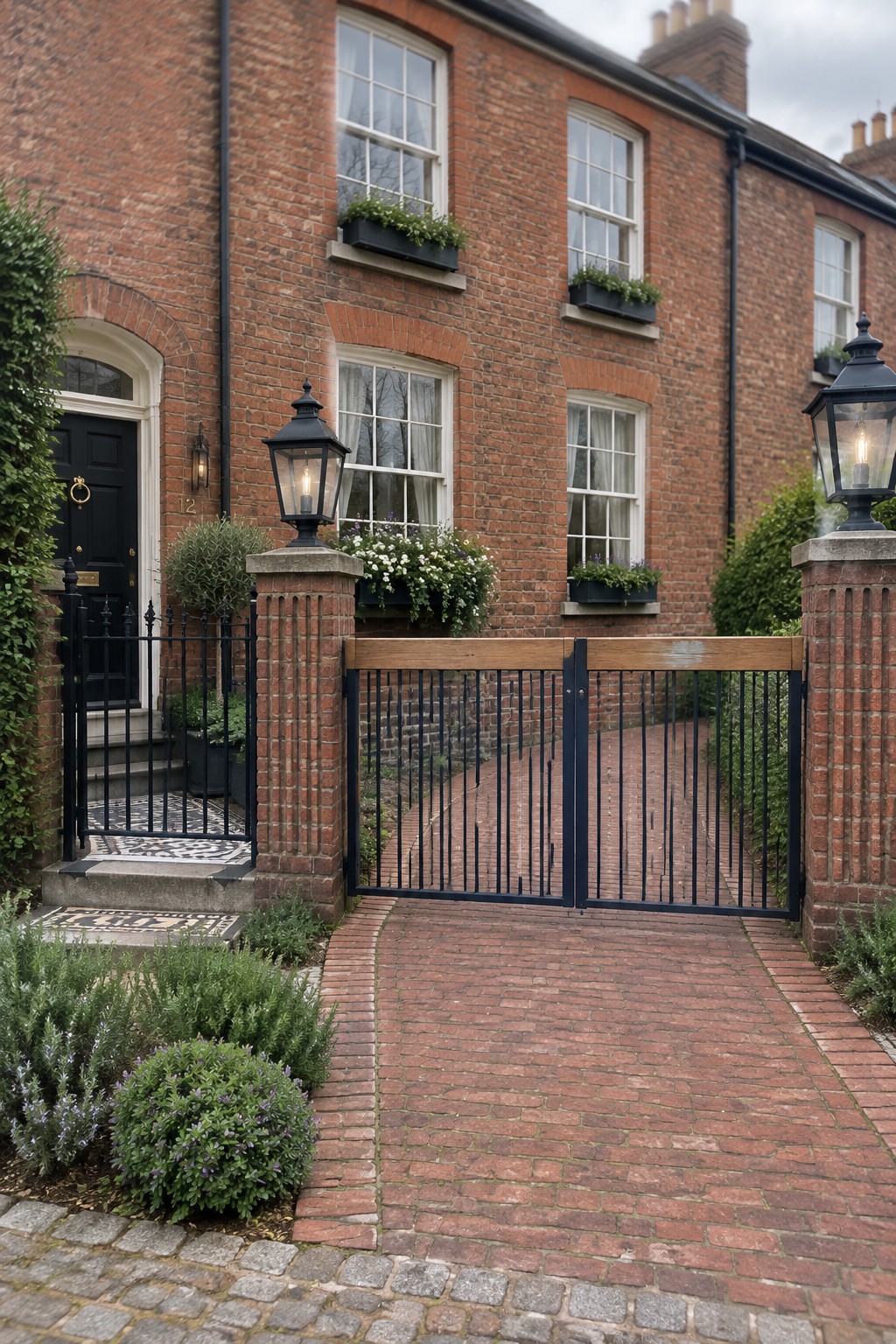 A red brick house with a double driveway gate featuring black metal vertical bars and a wooden top rail, set between brick pillars topped with black lanterns.