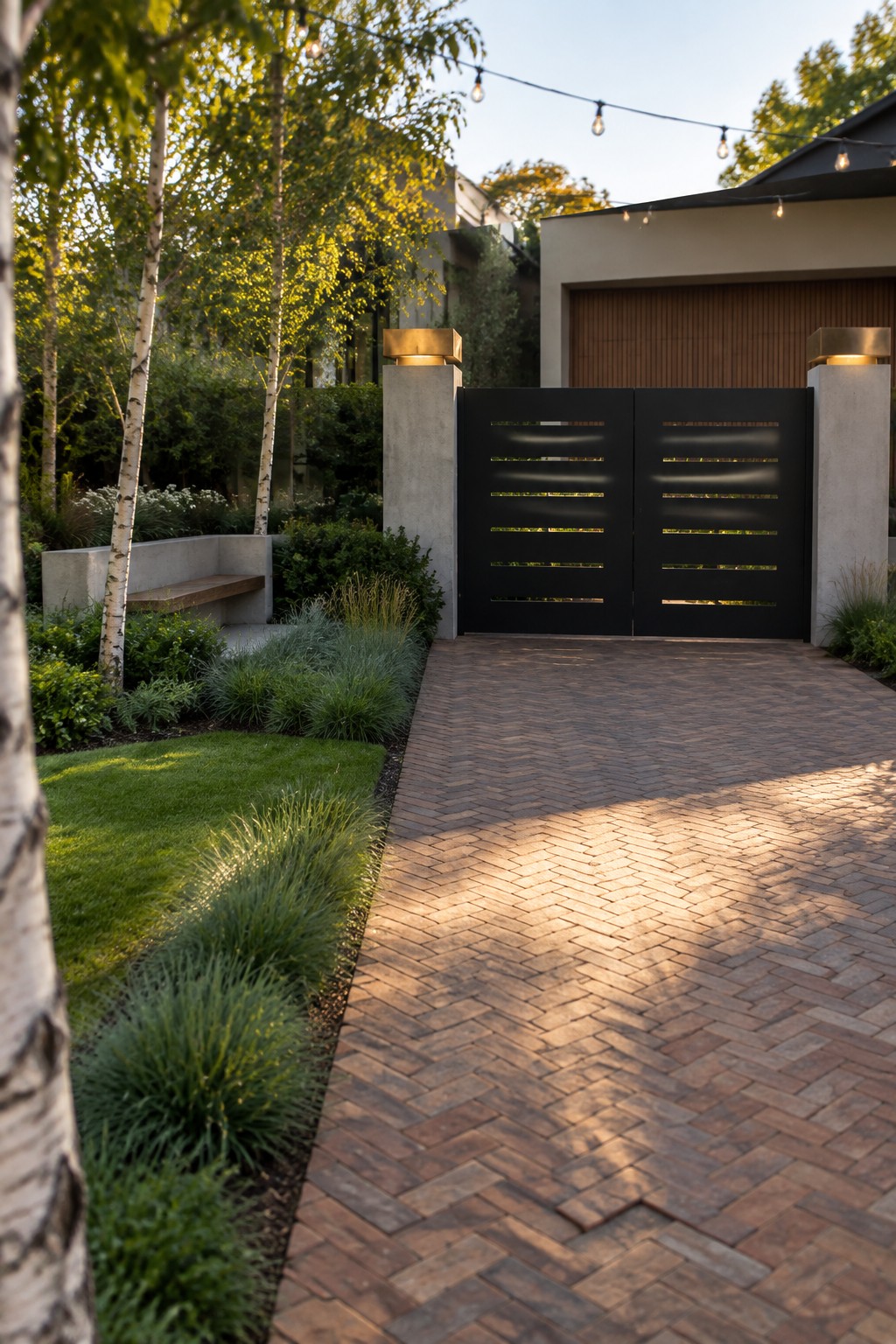 A black double driveway gate with horizontal slats is framed by two lit concrete pillars at the end of a herringbone brick driveway.