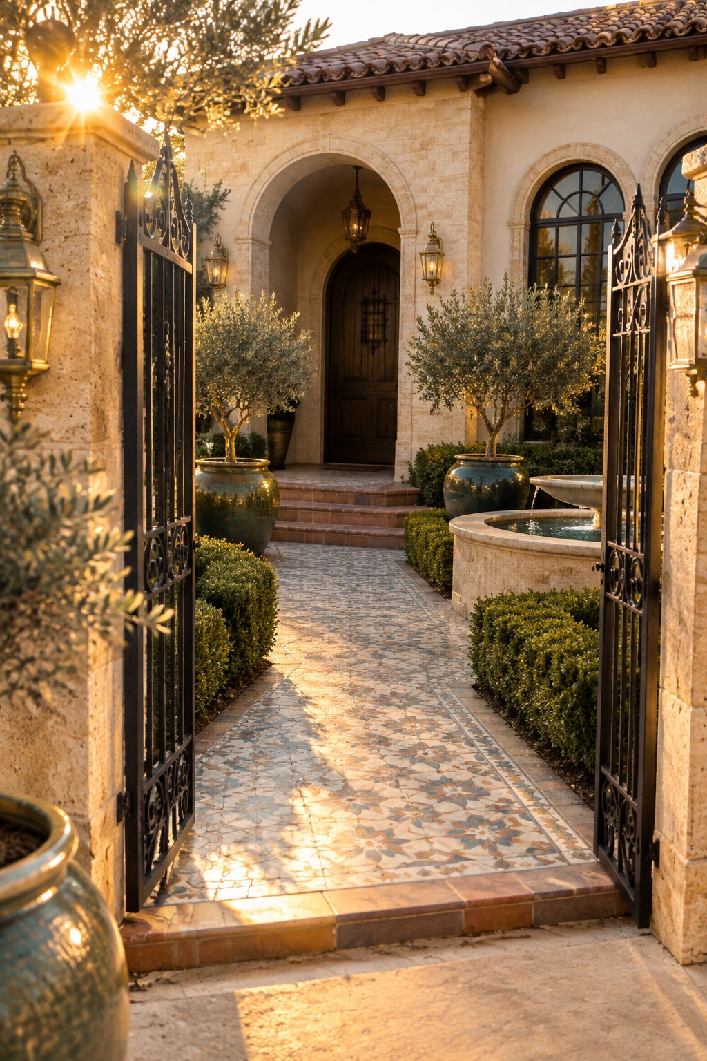 Open ornate black metal double gates between stone pillars, with a patterned tile path leading to a house entrance with arched doorway and potted olive trees.