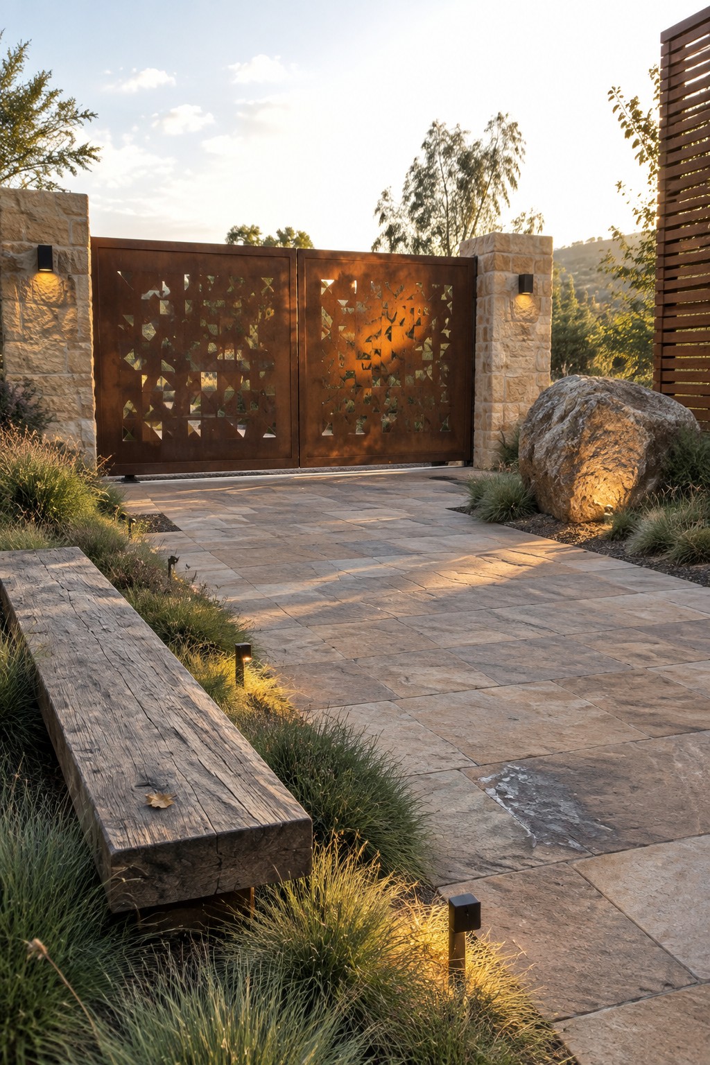 A double rusted metal driveway gate with geometric cutouts is installed between two stone pillars on a stone-paved path.