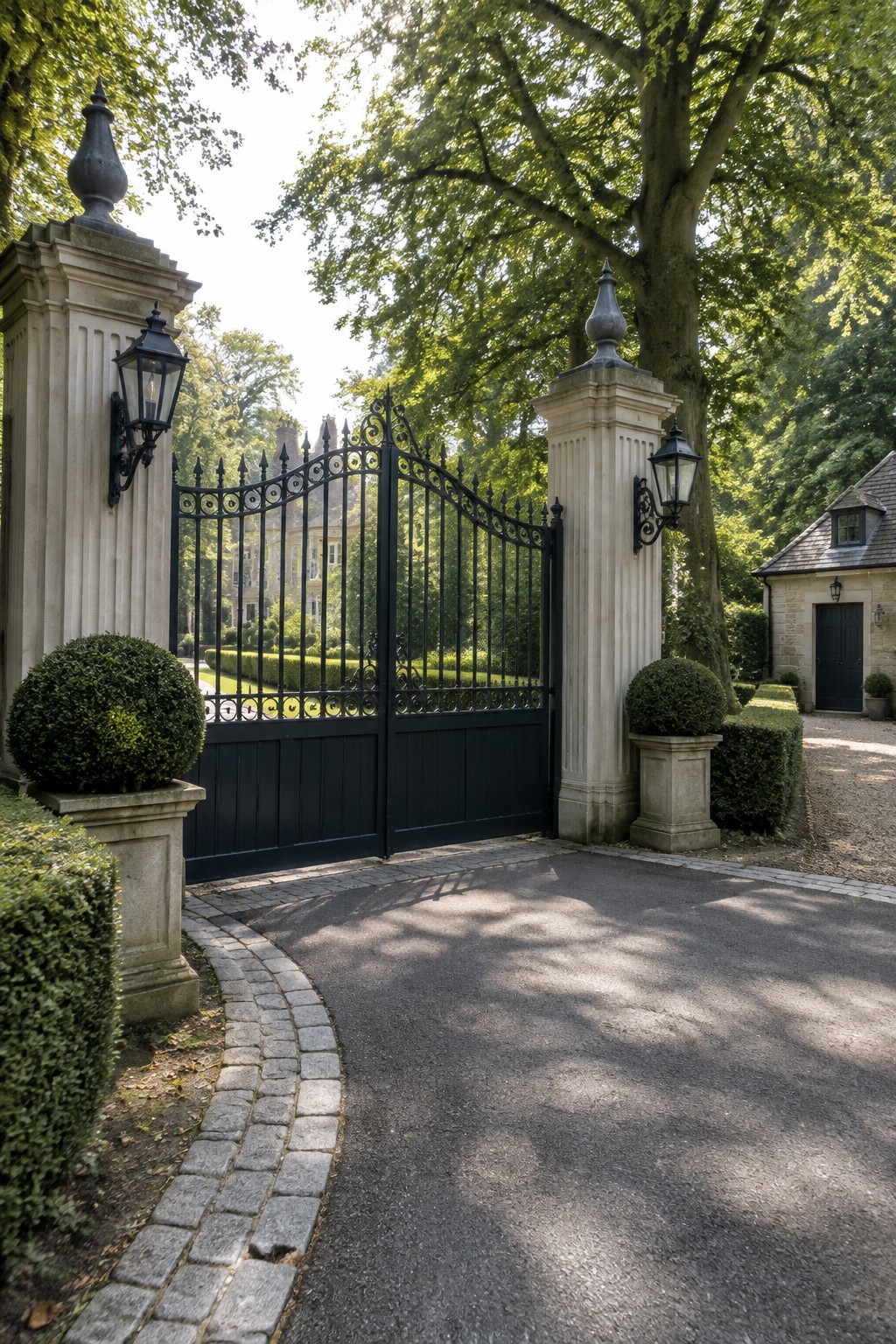 Ornate black iron gates between stone pillars on a tree-lined estate driveway