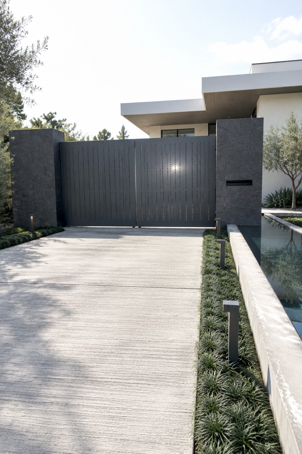 Modern home entrance with dark perforated metal gate, concrete driveway, and water feature.