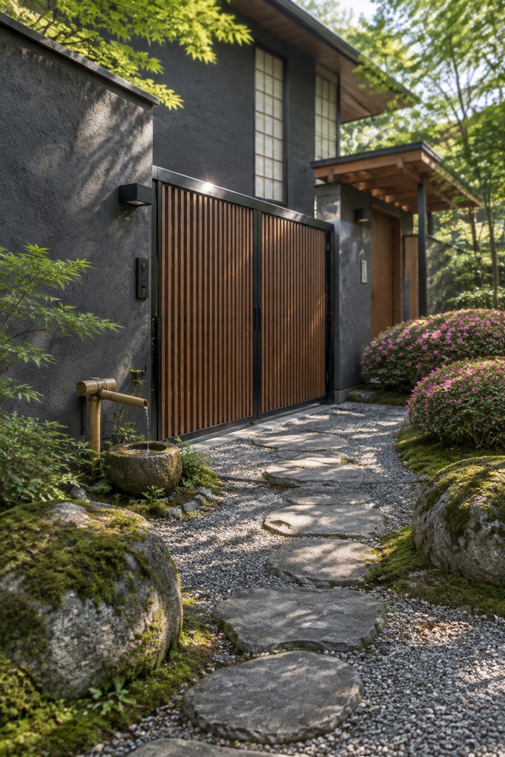 Japanese garden with stepping stones, bamboo fountain, wooden gate, and pink azaleas