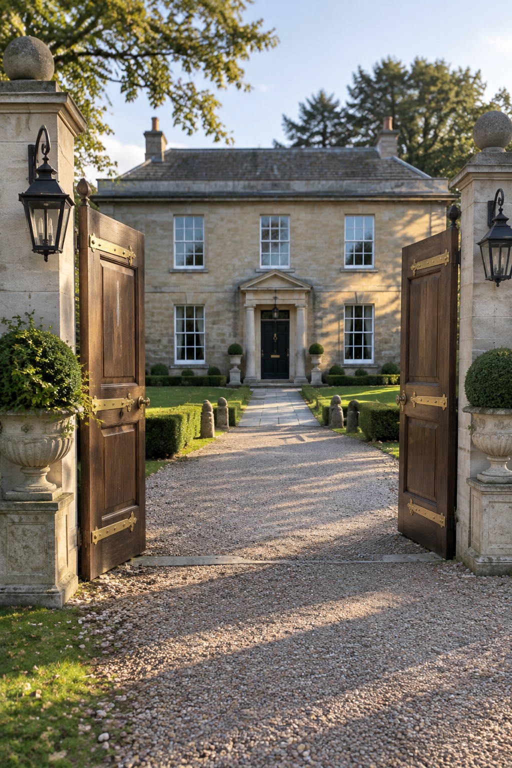 Open wooden double driveway gates between stone pillars with lanterns, leading along a gravel path to a stone house.
