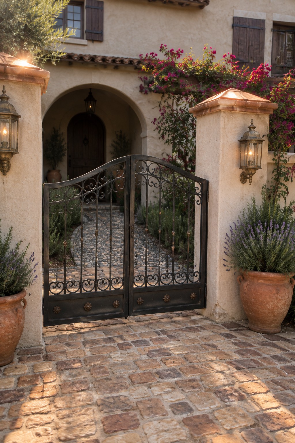 A black wrought iron double driveway gate stands open within a stucco archway flanked by stone pillars and wall lanterns.