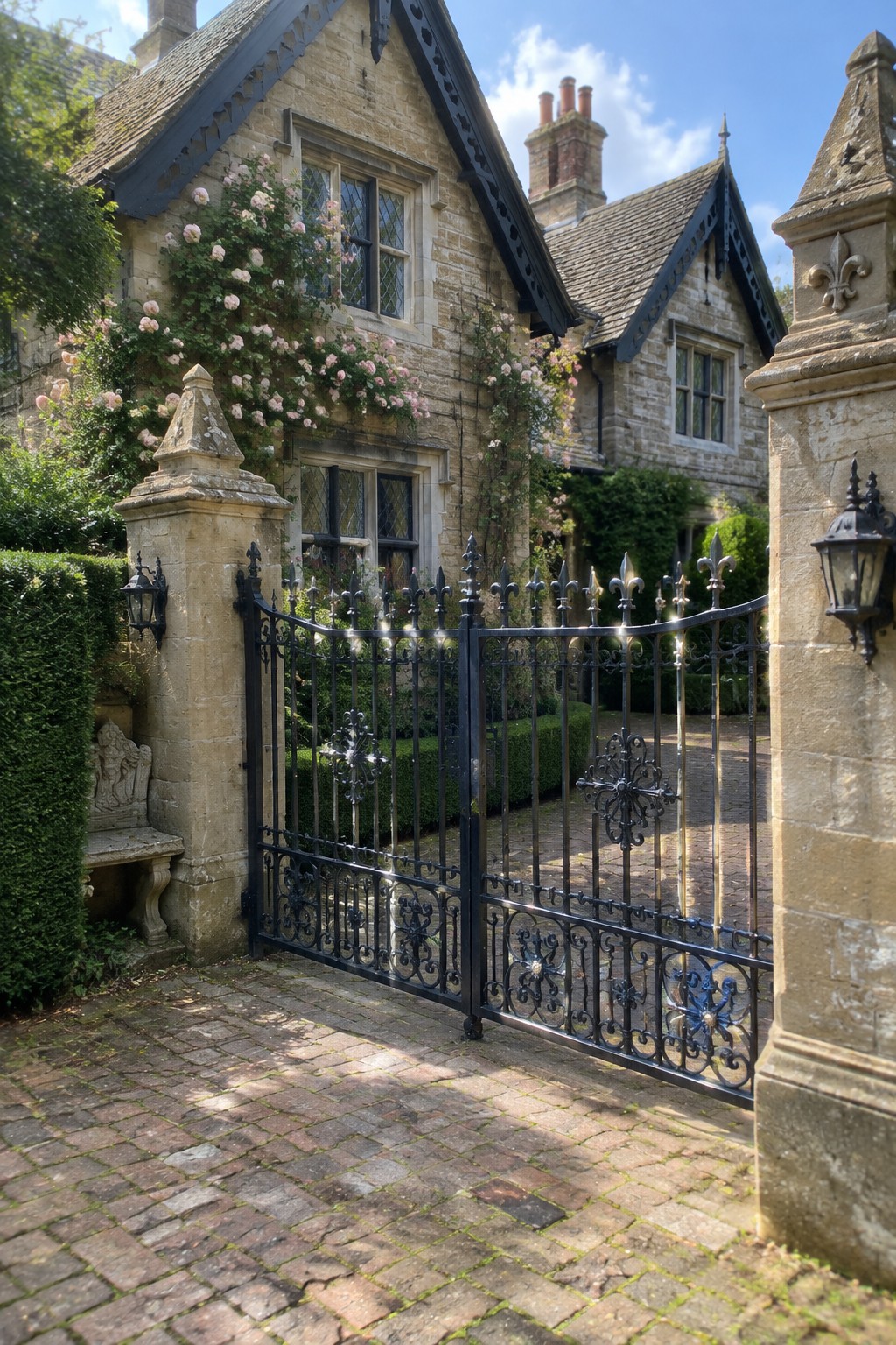 A pair of ornate black wrought iron double driveway gates stand open between tall stone pillars in front of a stone house with climbing roses.