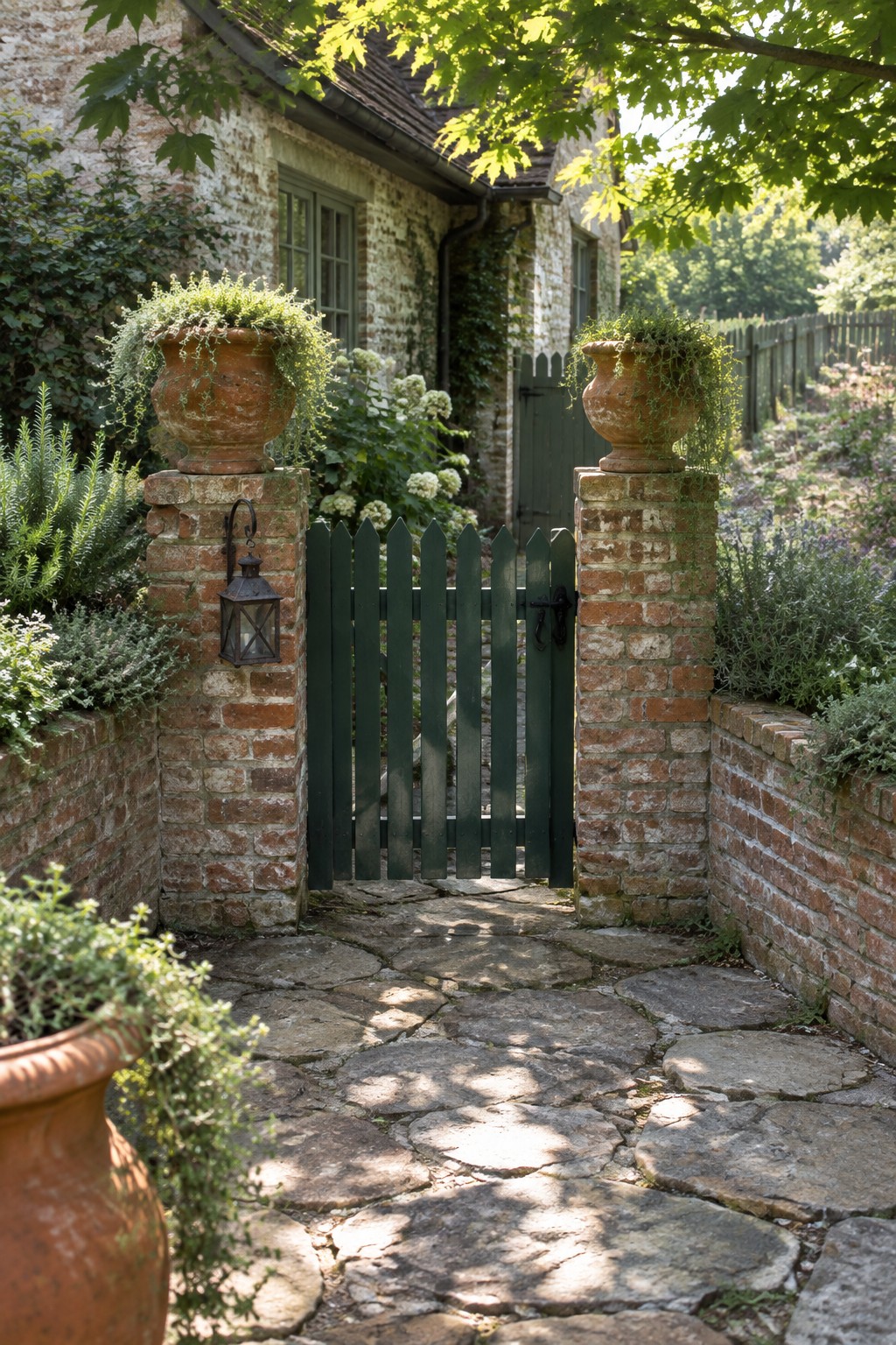 A dark green wooden gate between two brick pillars topped with planted terracotta urns, with a stone path leading toward a brick house.