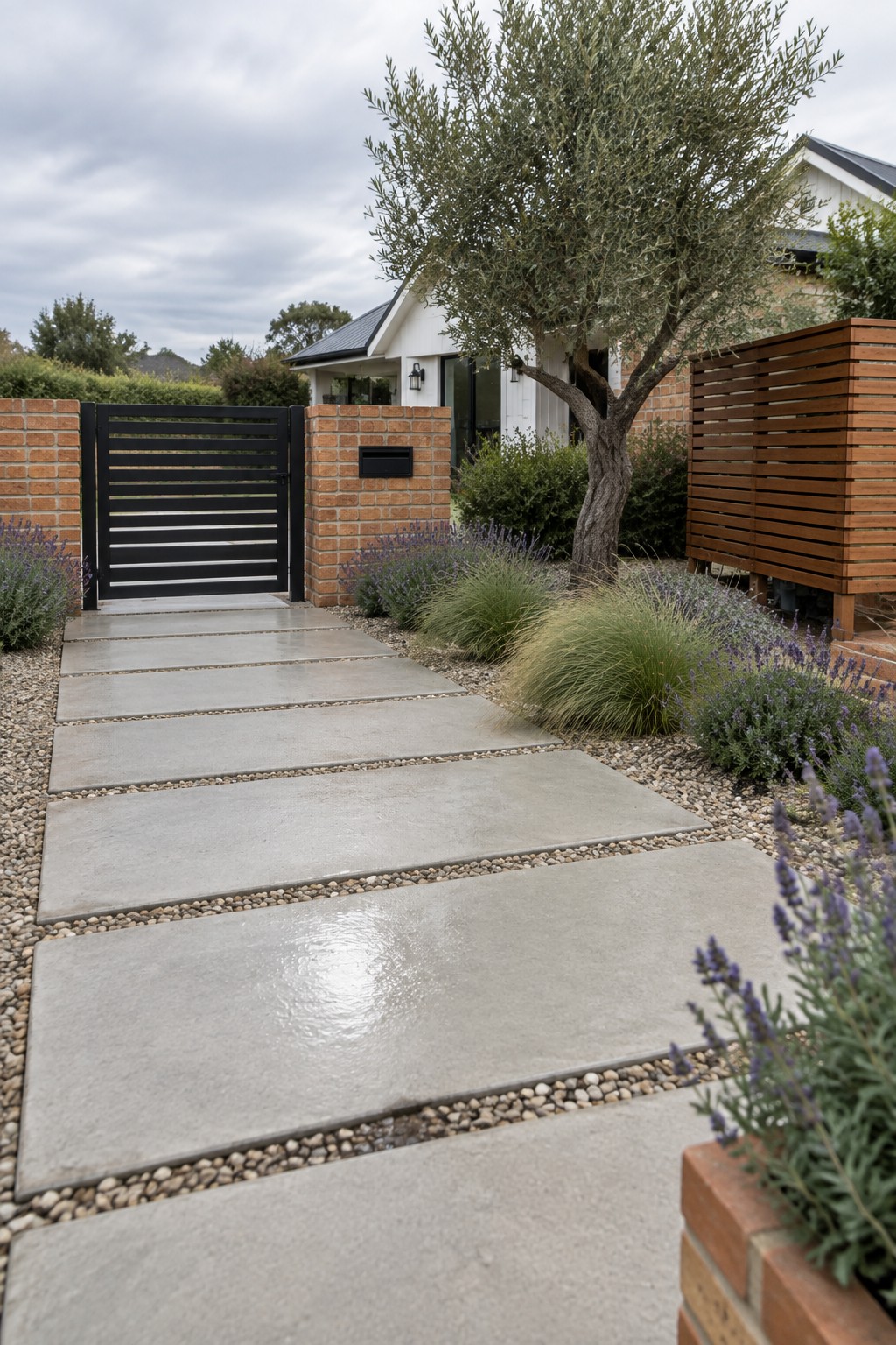 Modern home path of wet concrete pavers leads to black gate amid lavender and olive tree.