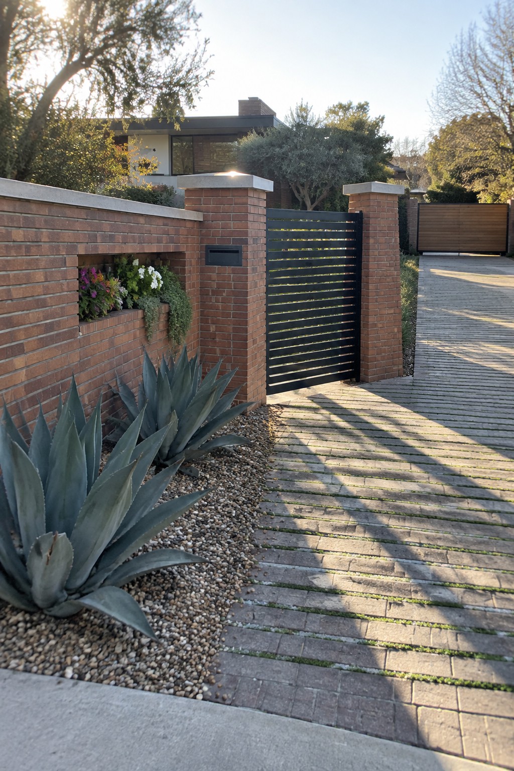 A black horizontal slat gate stands open between two brick pillars with light concrete caps, set into a low brick wall with a recessed planter bed beside a paved driveway.