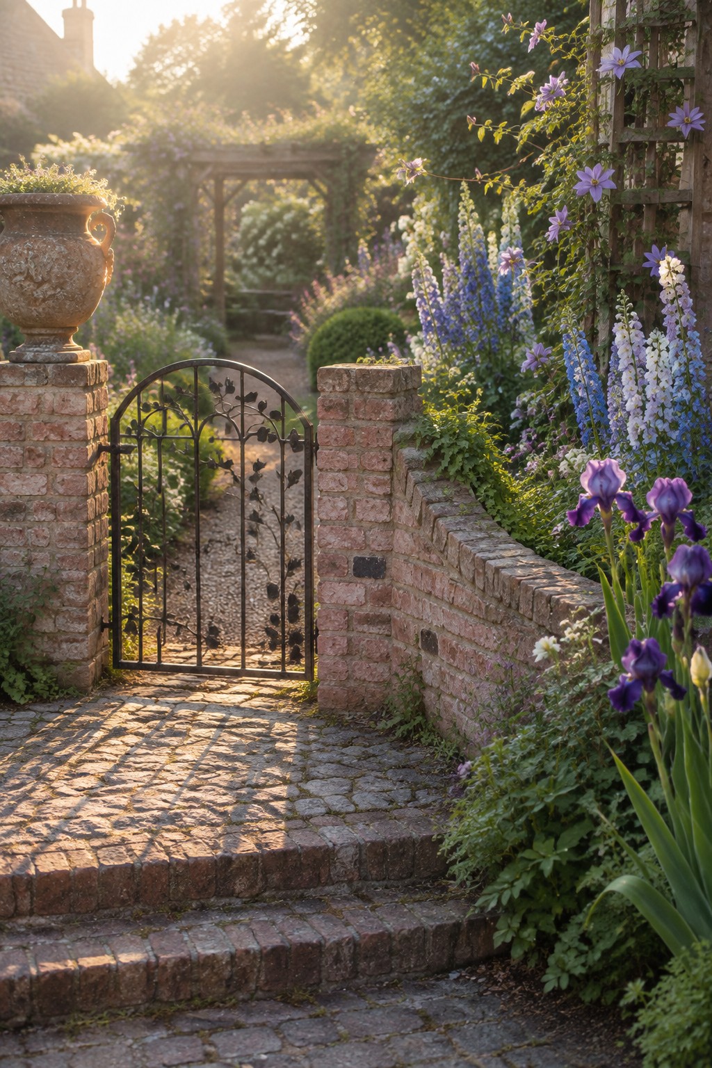 A cobblestone driveway leads through a small black metal gate between red brick pillars, with a low curving brick wall and tall purple and blue flowers on the right side.