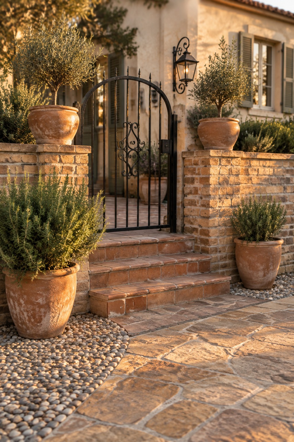 A black wrought iron gate between brick pillars at a house entrance, with terracotta pots and stone steps visible.