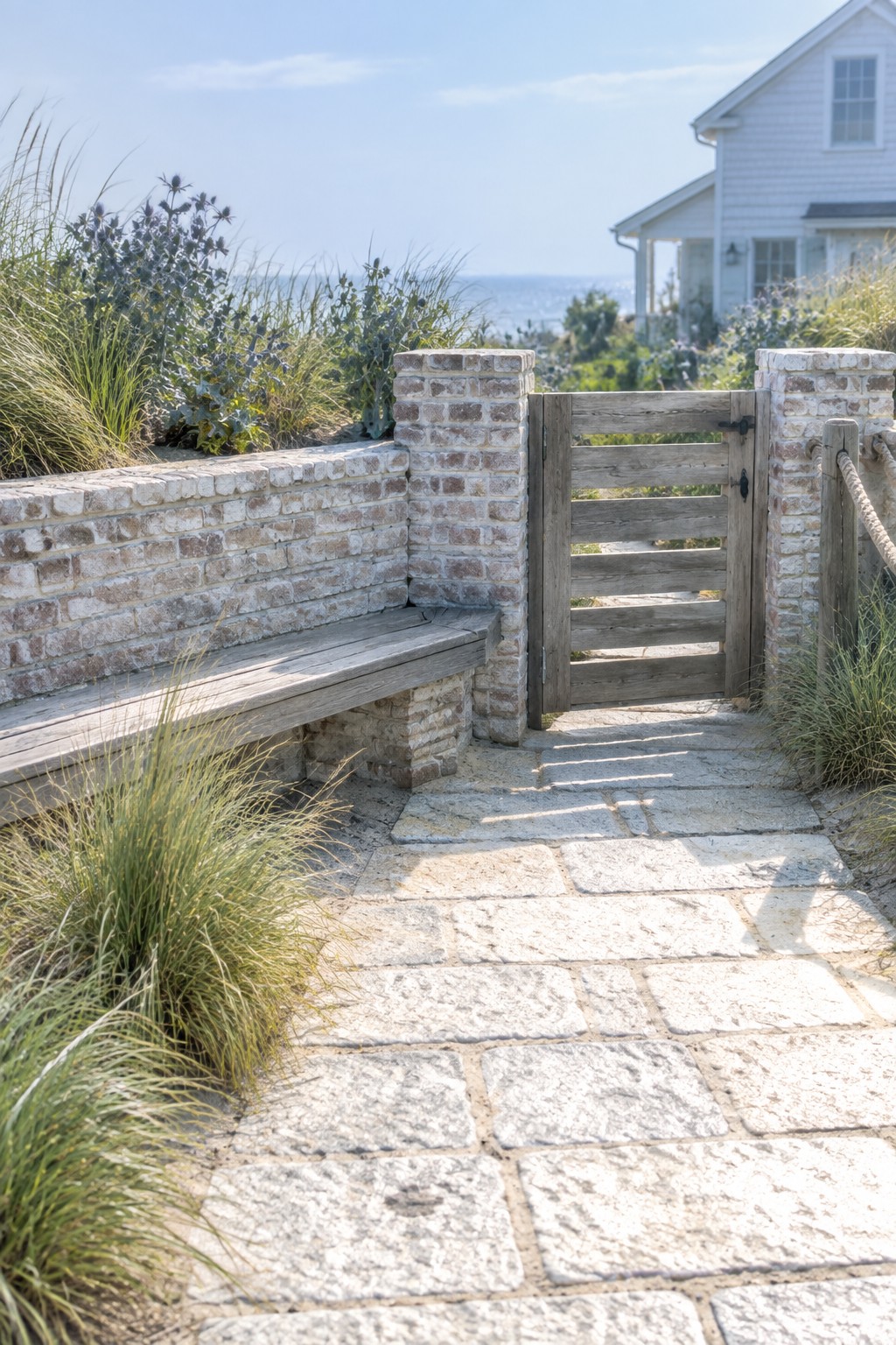 A wooden gate between two brick pillars at the end of a stone path, with a bench along a low brick wall and coastal grasses on both sides.