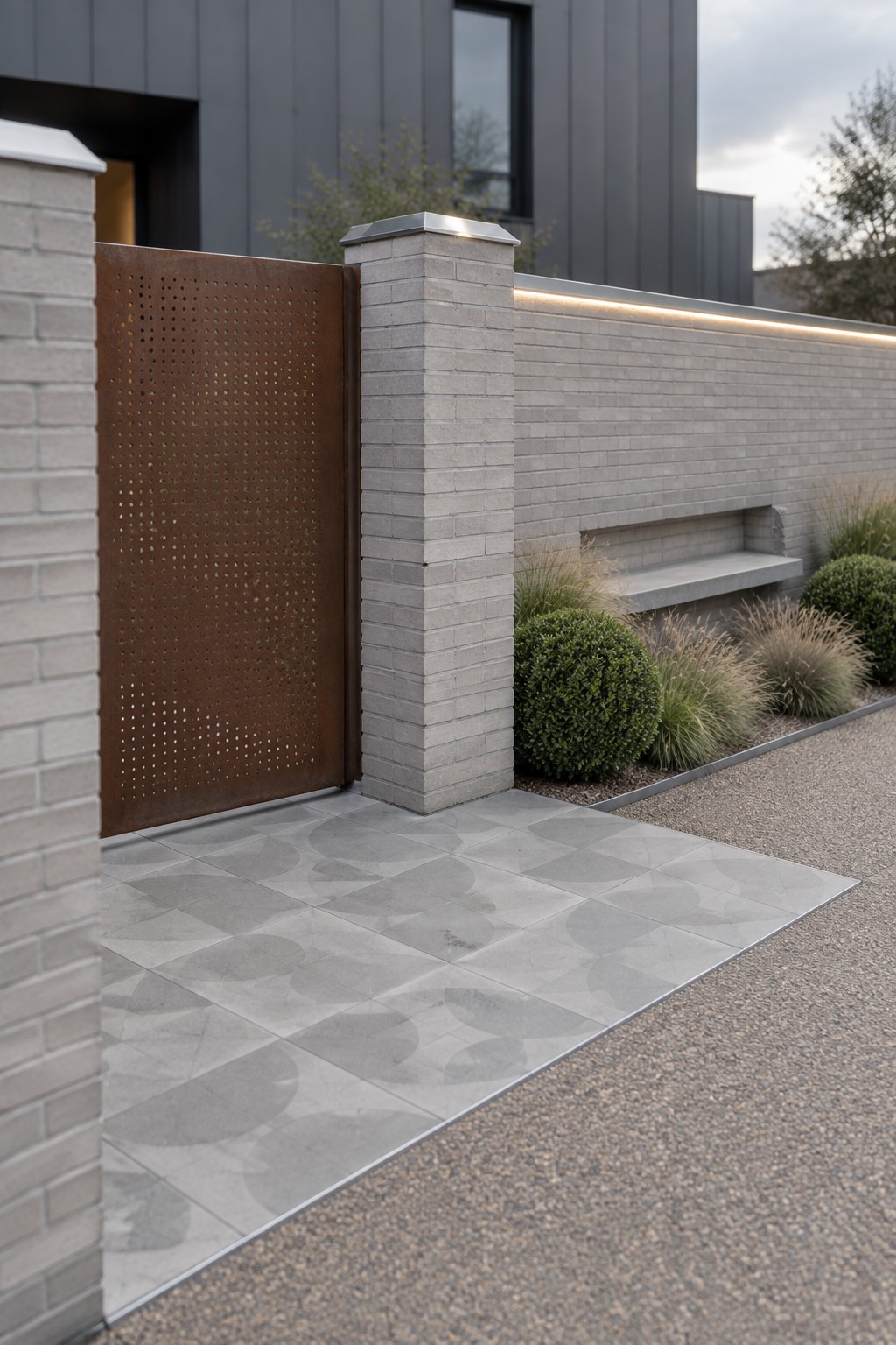 A modern driveway entrance featuring a perforated brown metal gate between two gray brick pillars, with a long matching brick wall, integrated lighting, patterned gray paving, and gravel driveway.