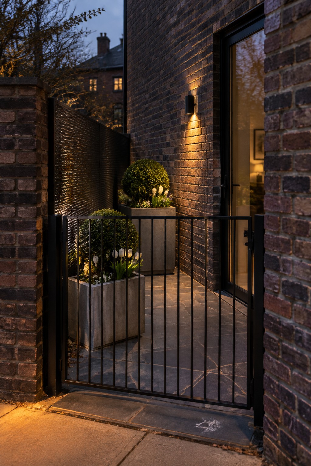 Open black metal gate to brick patio with lit planters and glass door