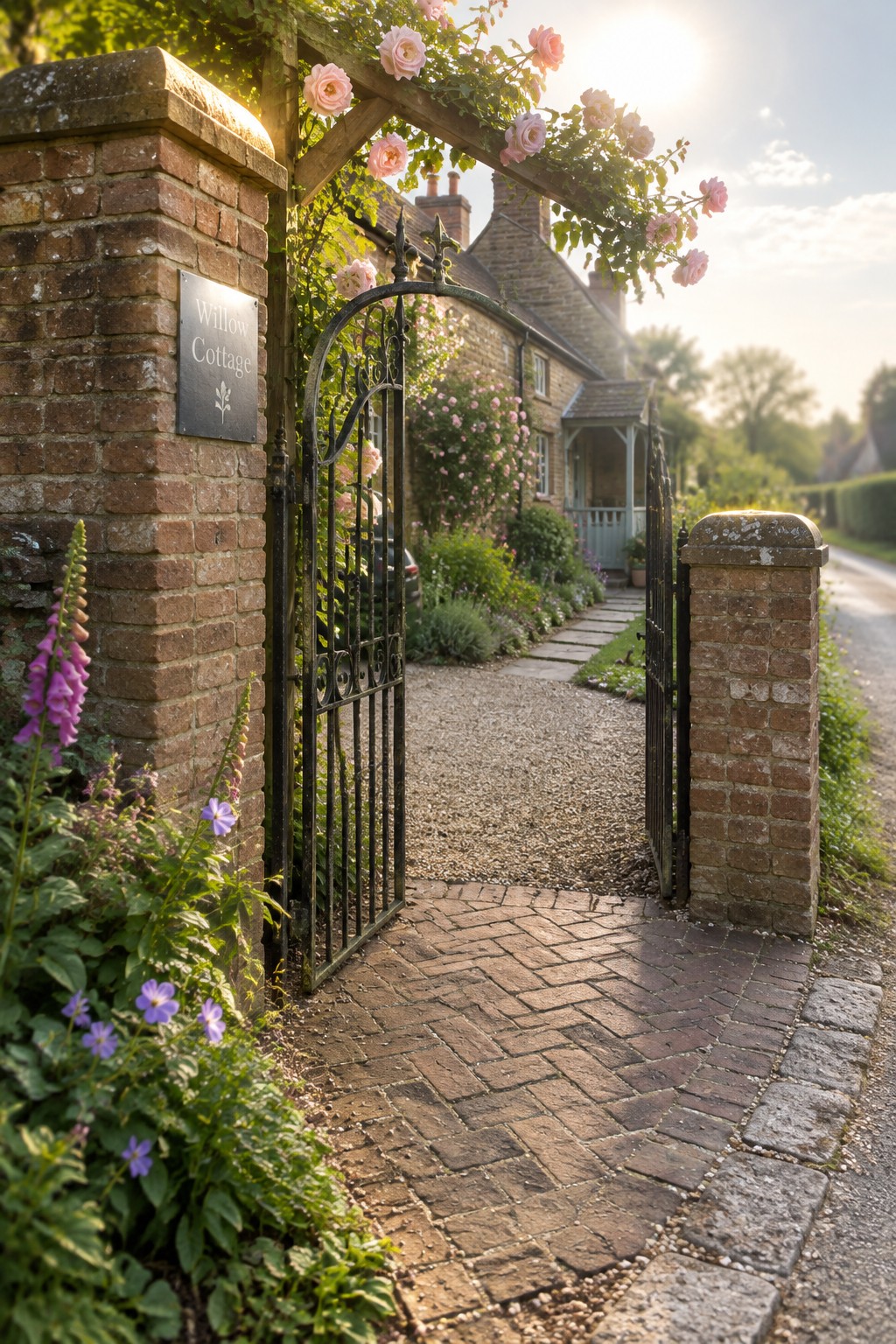 Open wrought iron gate at Willow Cottage with pink climbing roses and brick path