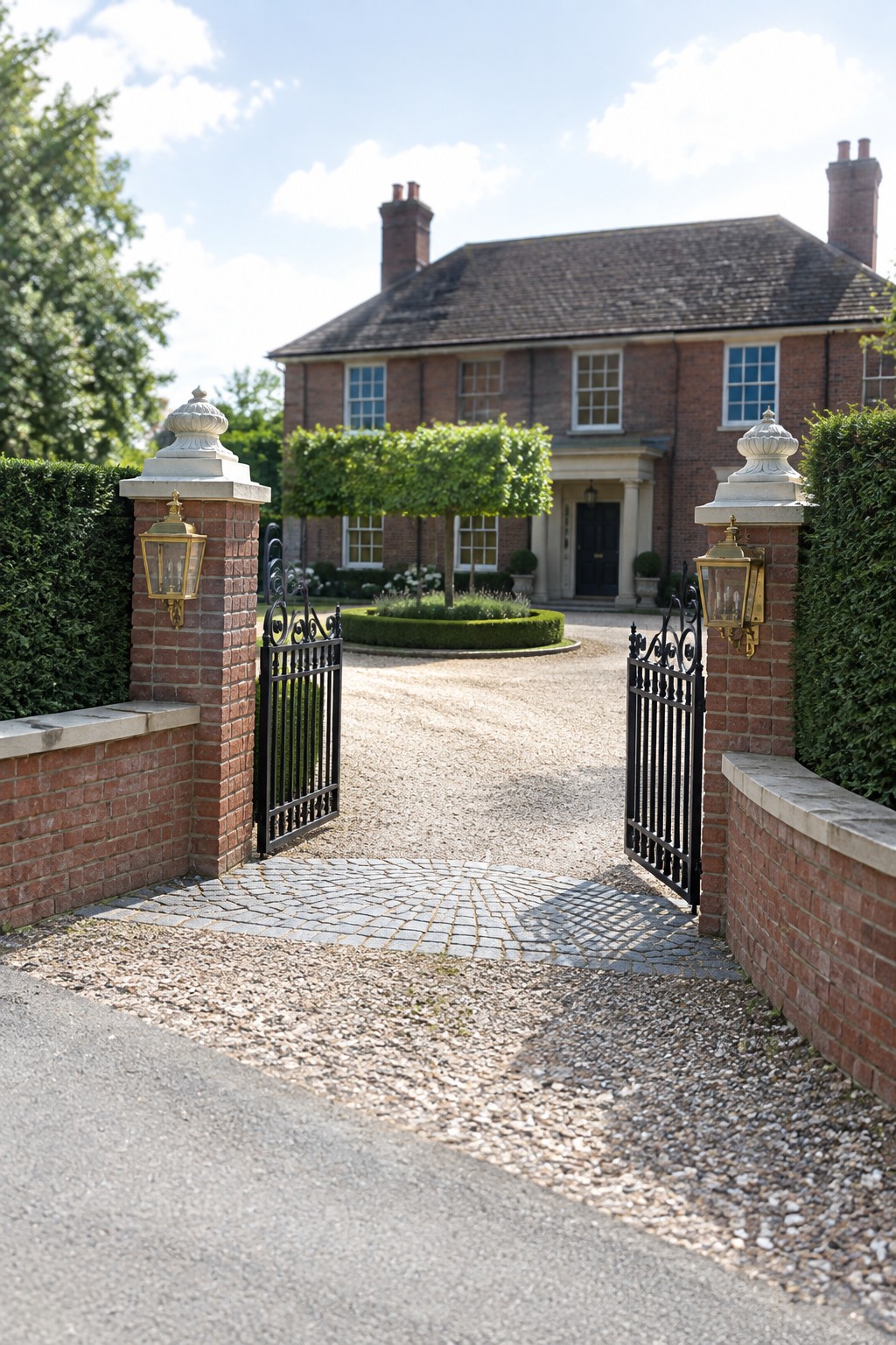 A red brick house viewed from a paved road through open black wrought iron gates set between brick pillars with stone caps and brass lanterns.